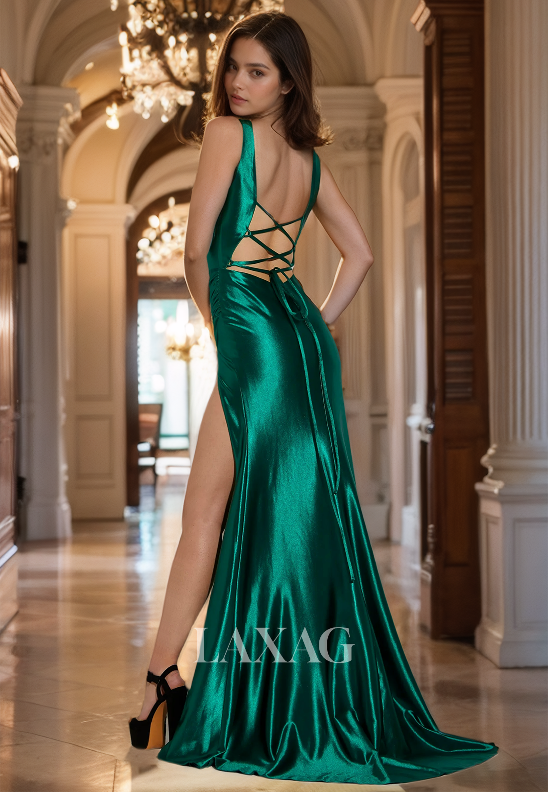 Straps Sweetheart Off-Shoulder Mermaid Prom Dress Sleeveless Pleated Satin High Slit Party Gowns