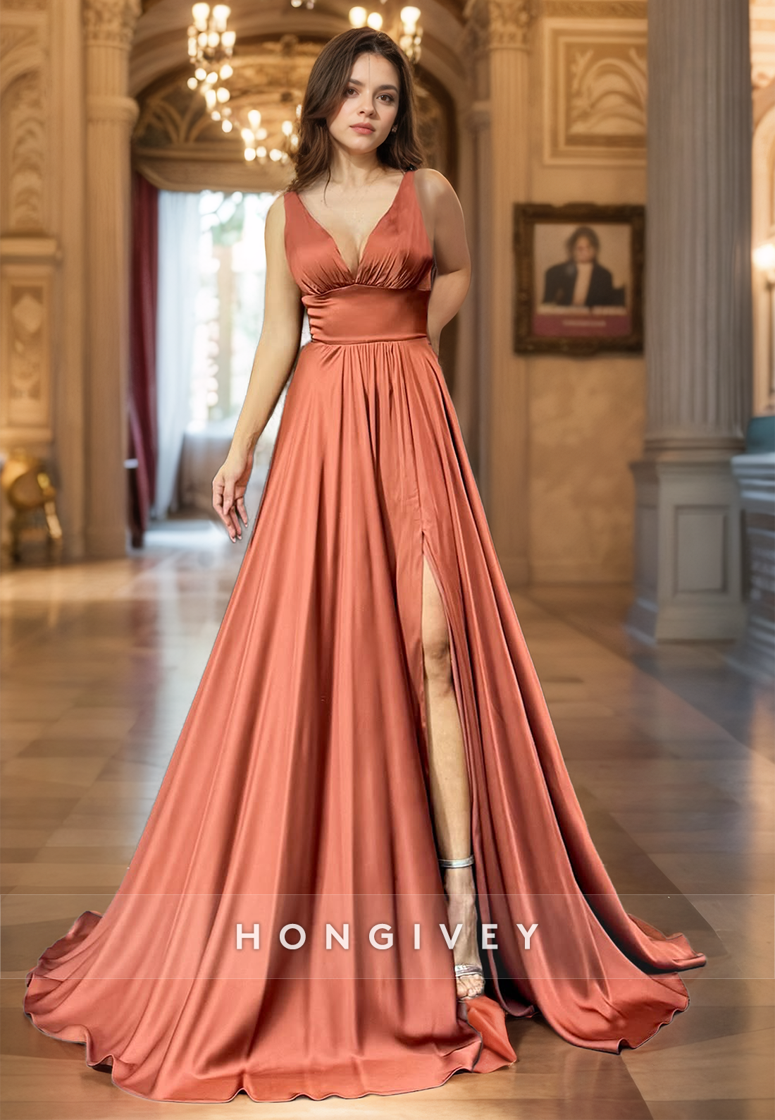 Fashional V-Neck A-Line Formal Evening Dress Straps Long Prom Gown Party Wear