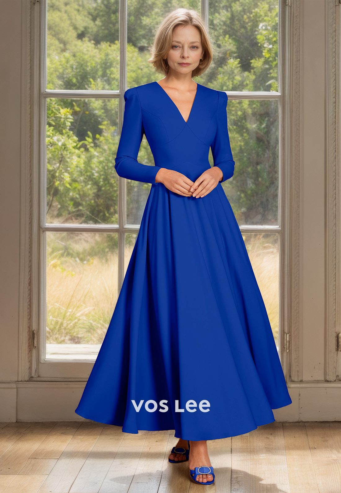 Vintage A-Line V Neck Pleated Tea Length Satin Mother of the Formal Dress