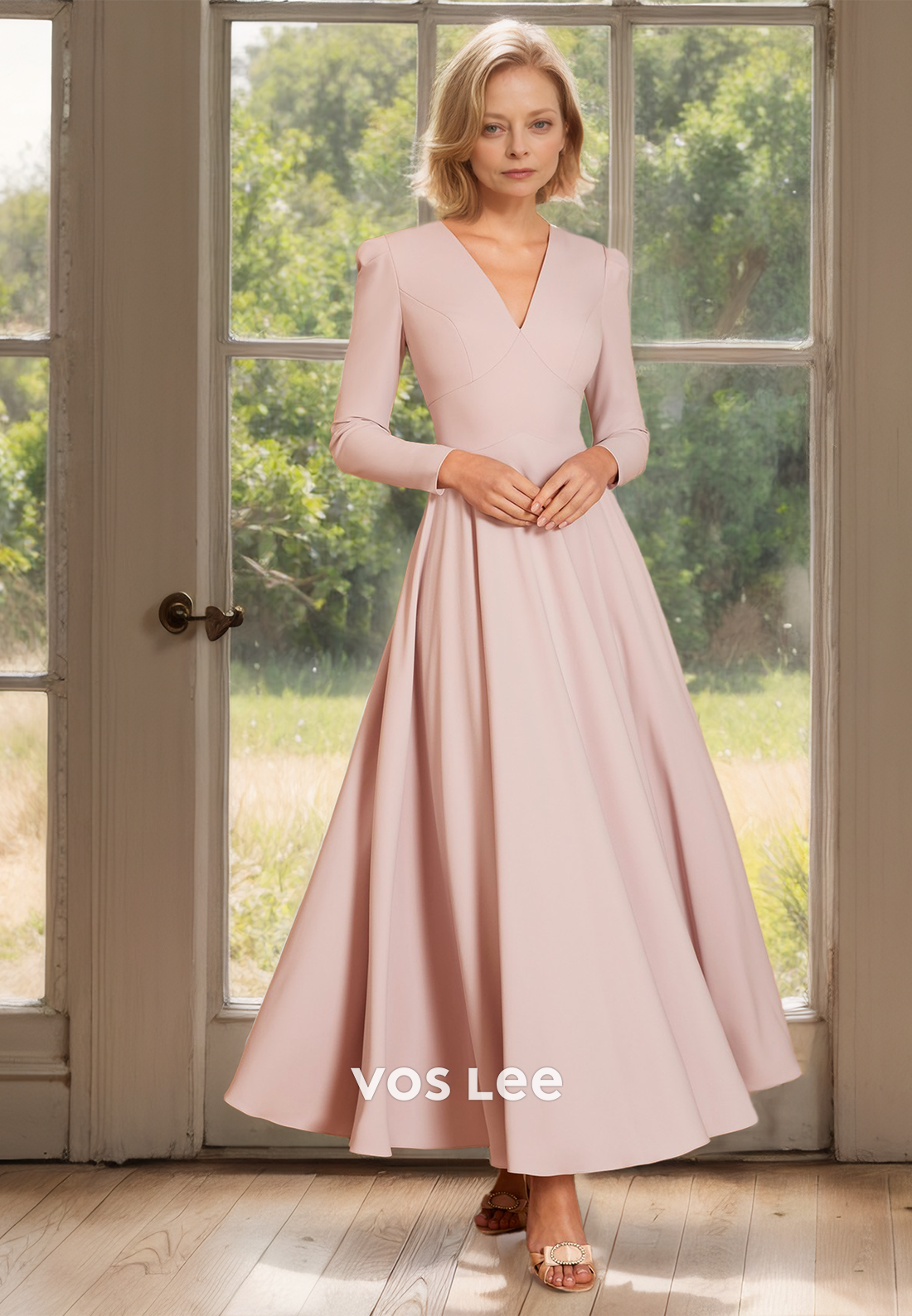 Vintage A-Line V Neck Pleated Tea Length Satin Mother of the Formal Dress