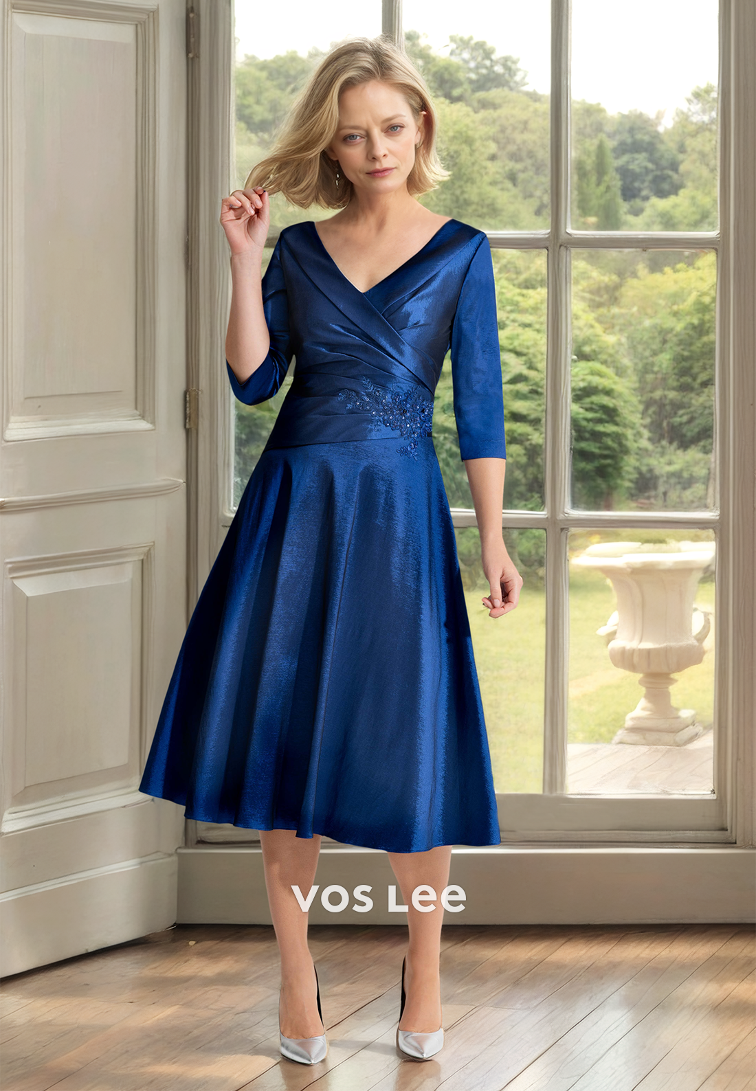 A-Line V Neck Half Sleeves Pleated Lace Appliques Mother of the Bride Dress