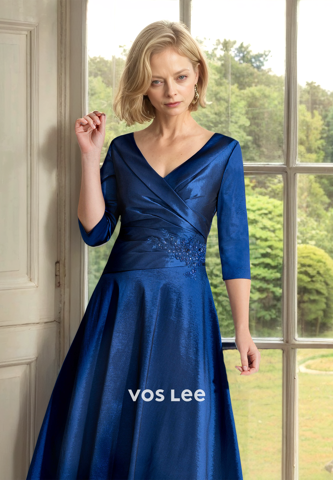 A-Line V Neck Half Sleeves Pleated Lace Appliques Mother of the Bride Dress