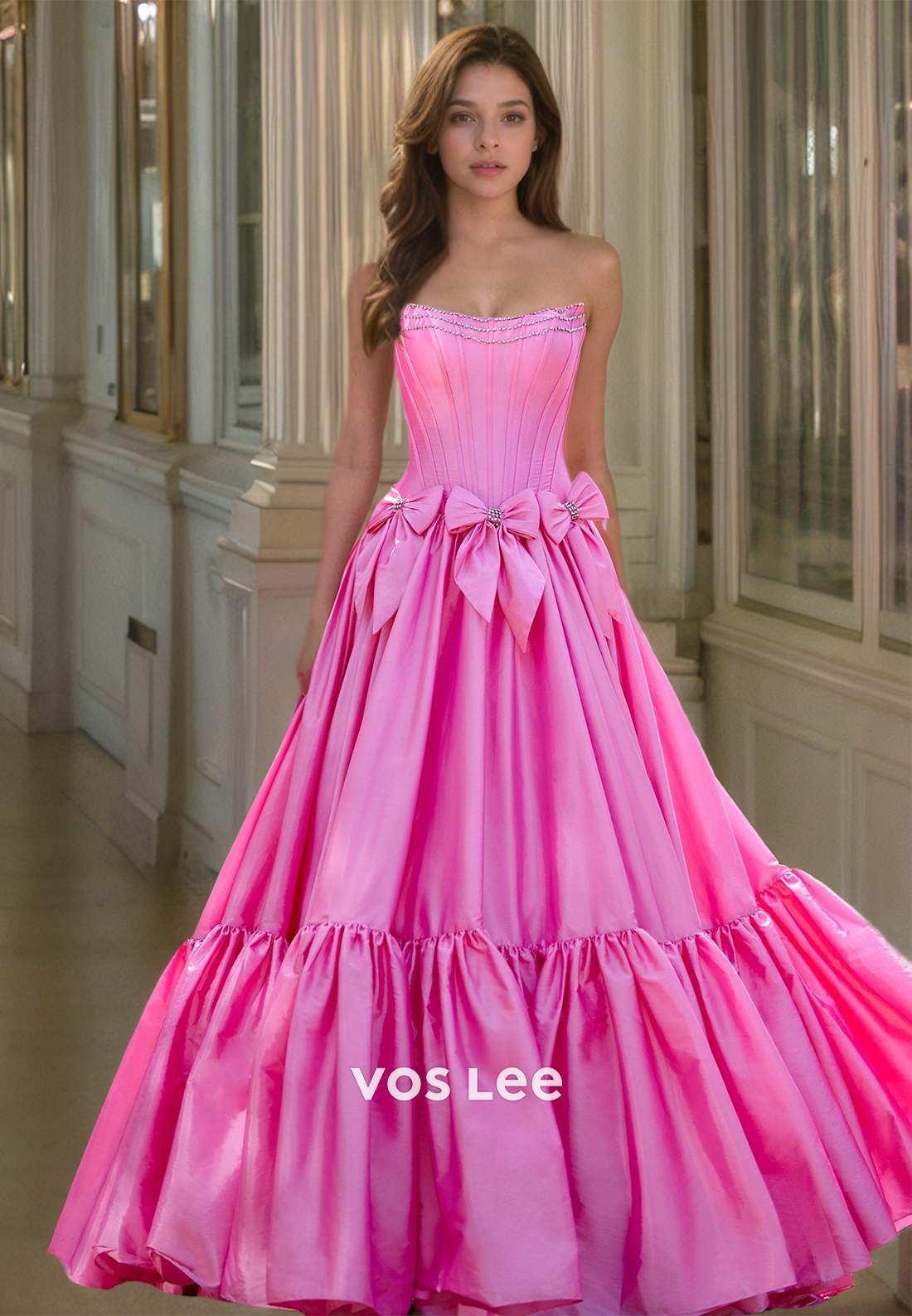 Fuchsia Strapless A-Line  Bow Sequins Pleated Sweep Train Satin Prom Party Dress