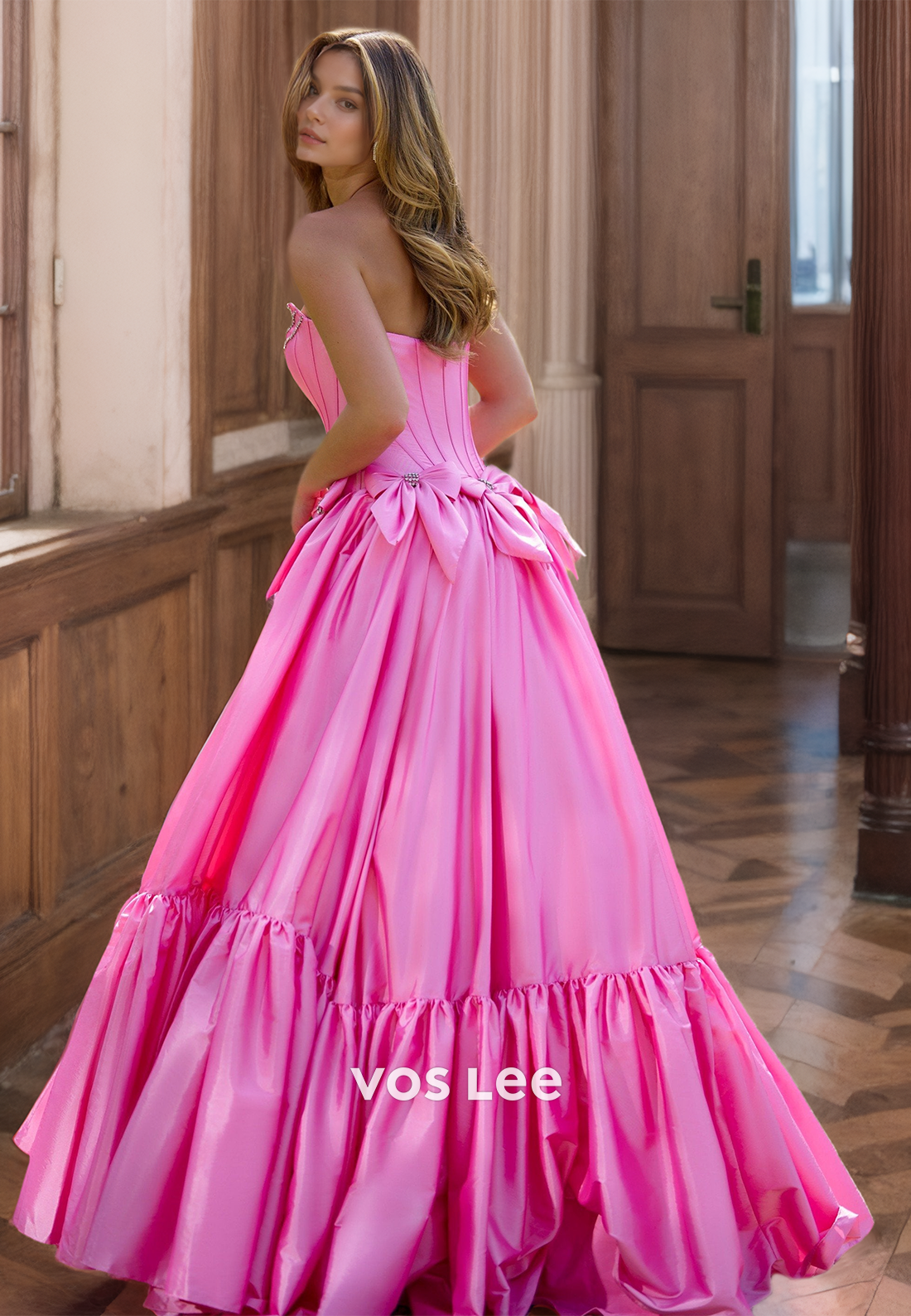 Fuchsia Strapless A-Line  Bow Sequins Pleated Sweep Train Satin Prom Party Dress
