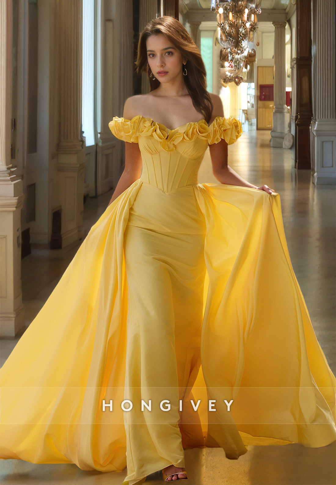Off-Shoulder Yellow Evening Dress Elegant 2024 Formal Party Gown with Train