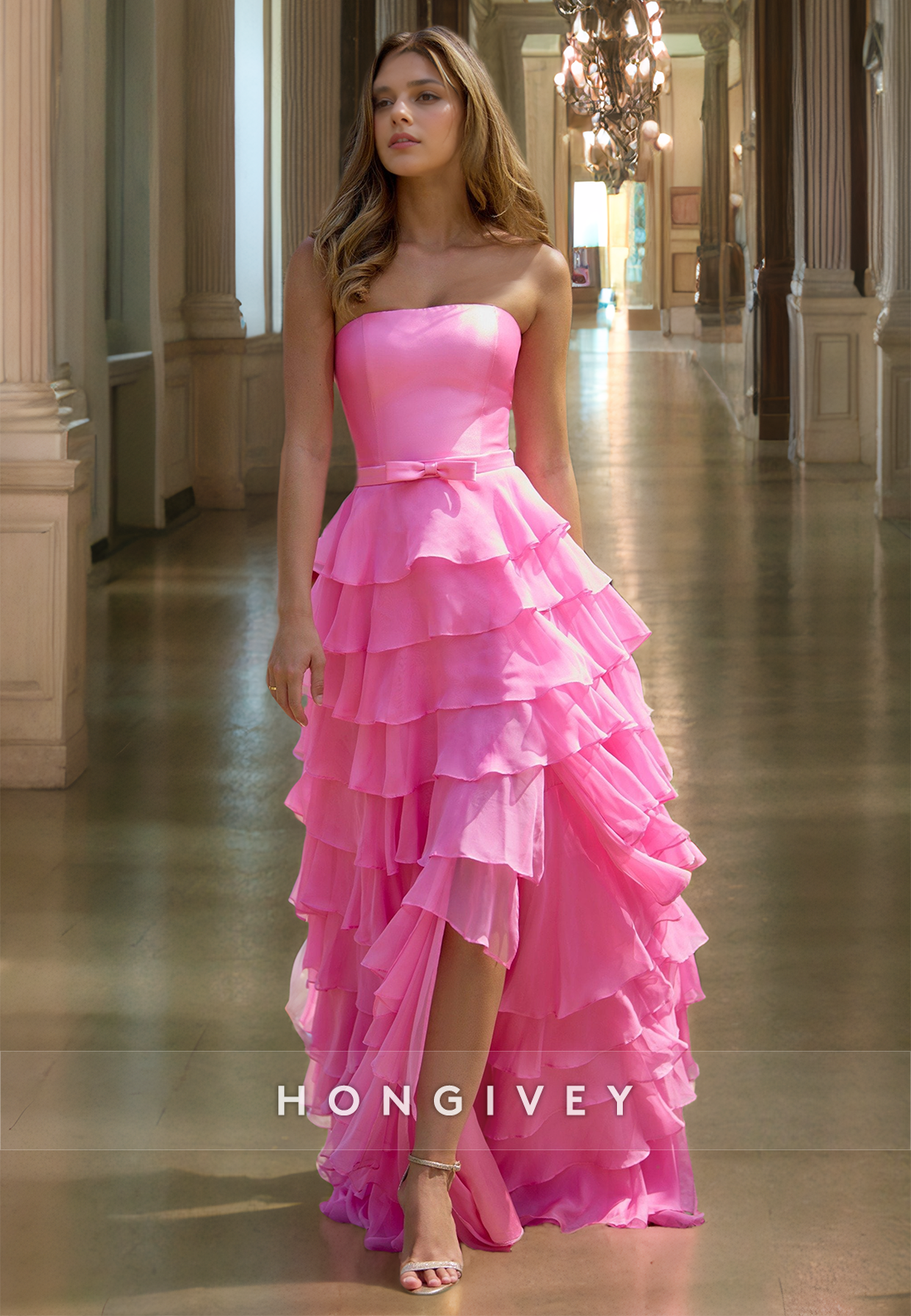 Pink Strapless Tulle A-Line Prom Gown Side Slit Tiered Formal Party Homecoming