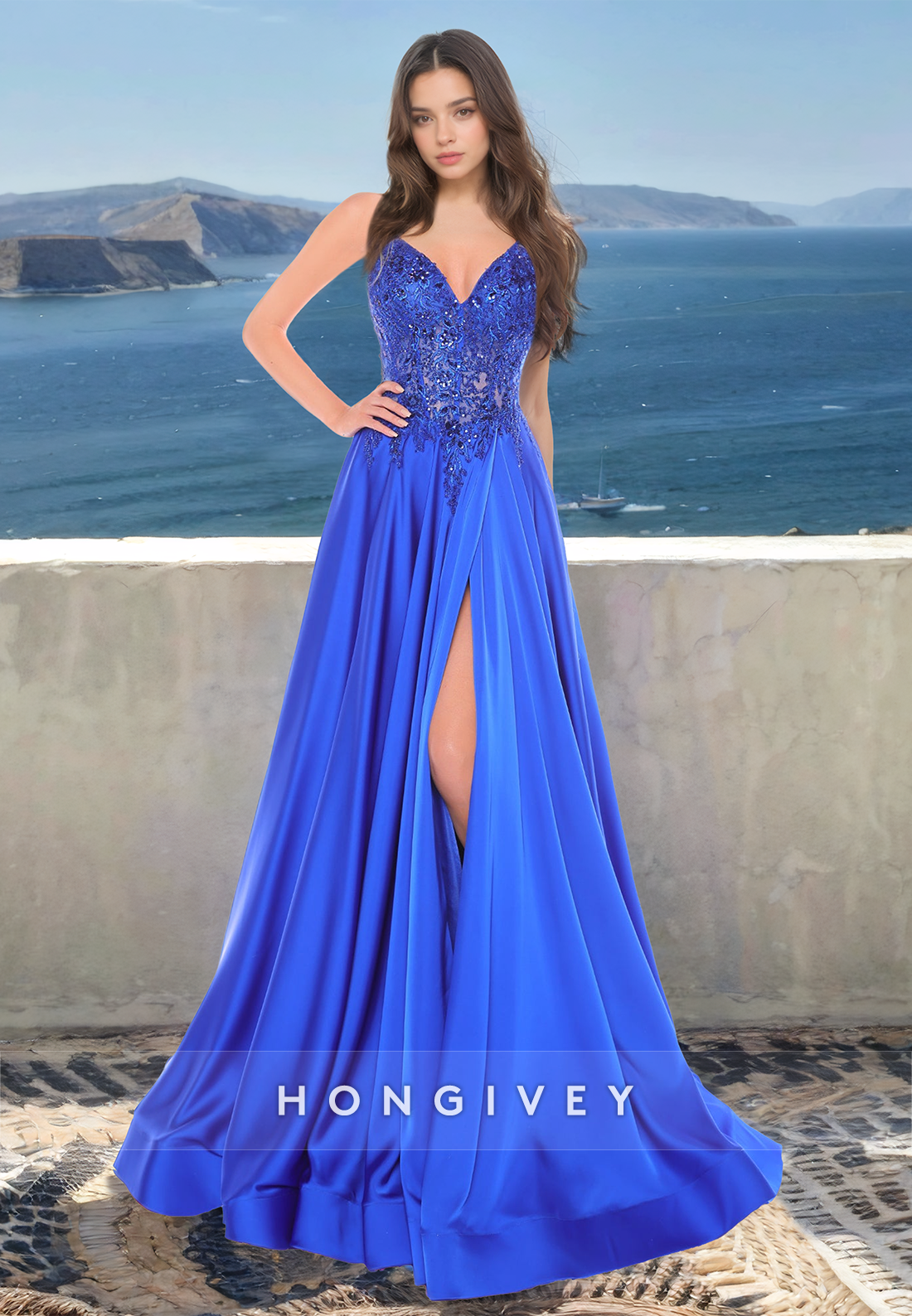 Chic Applique Straps Formal Evening Dress Royal Blue Black A-Line Prom Gown