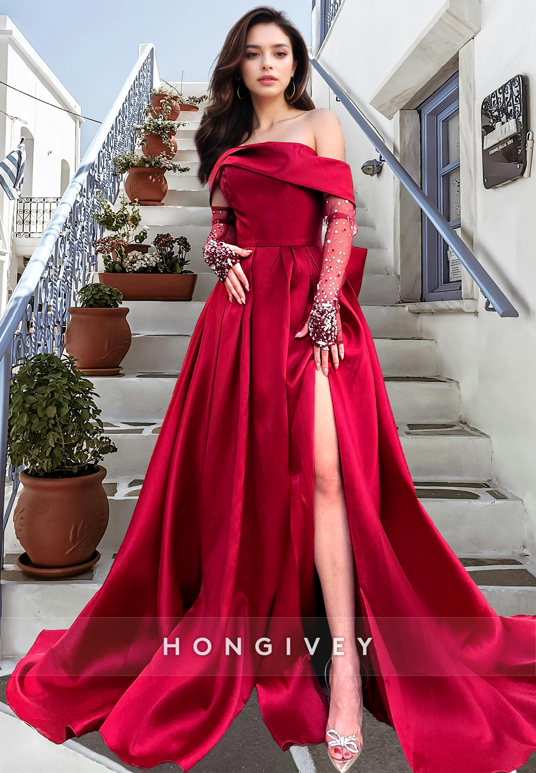 Red Formal Evening Dress Elegant Long Sleeves with Bow A-Line Prom Gown