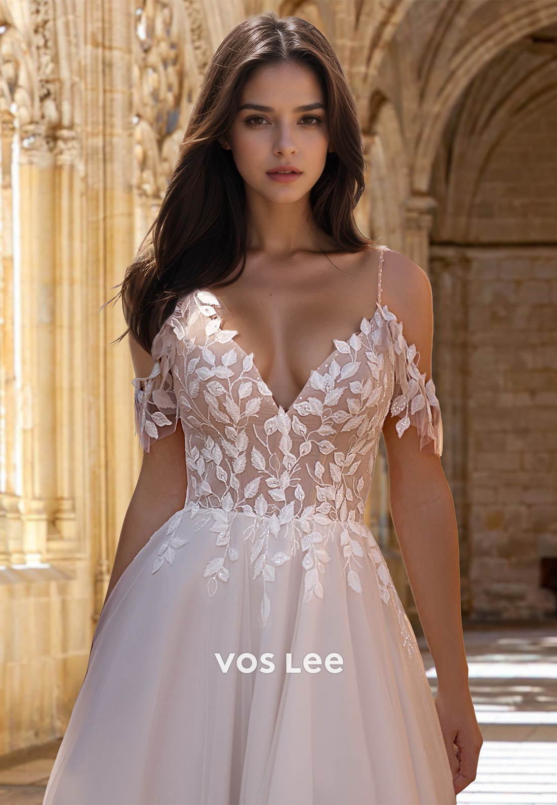 Luxury A-Line Off Shoulder Spaghetti Straps Pleated Tulle Wedding Bride Dress