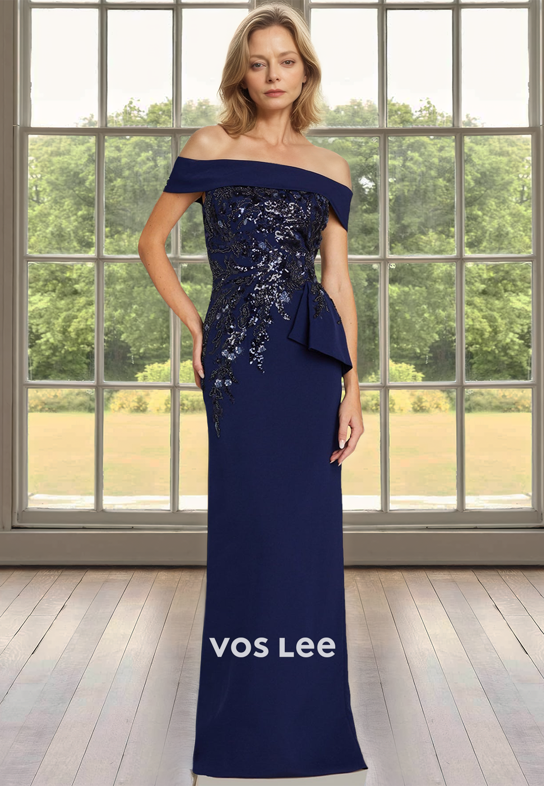 Off-Shoulder Sleeveless Sheath Long Sequin Appliques Satin Mother of Bride Cocktail Dress