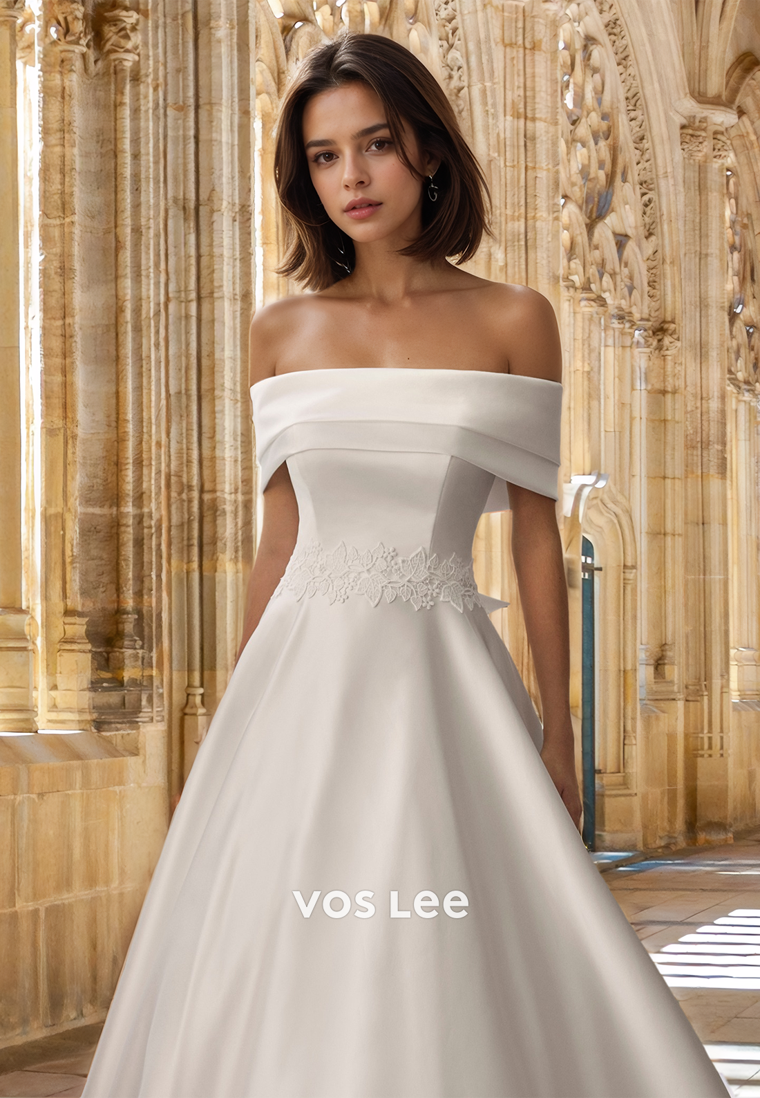 Classy A-Line Off Shoulder Sleeveless Court Train Bow Satin Wedding Gown