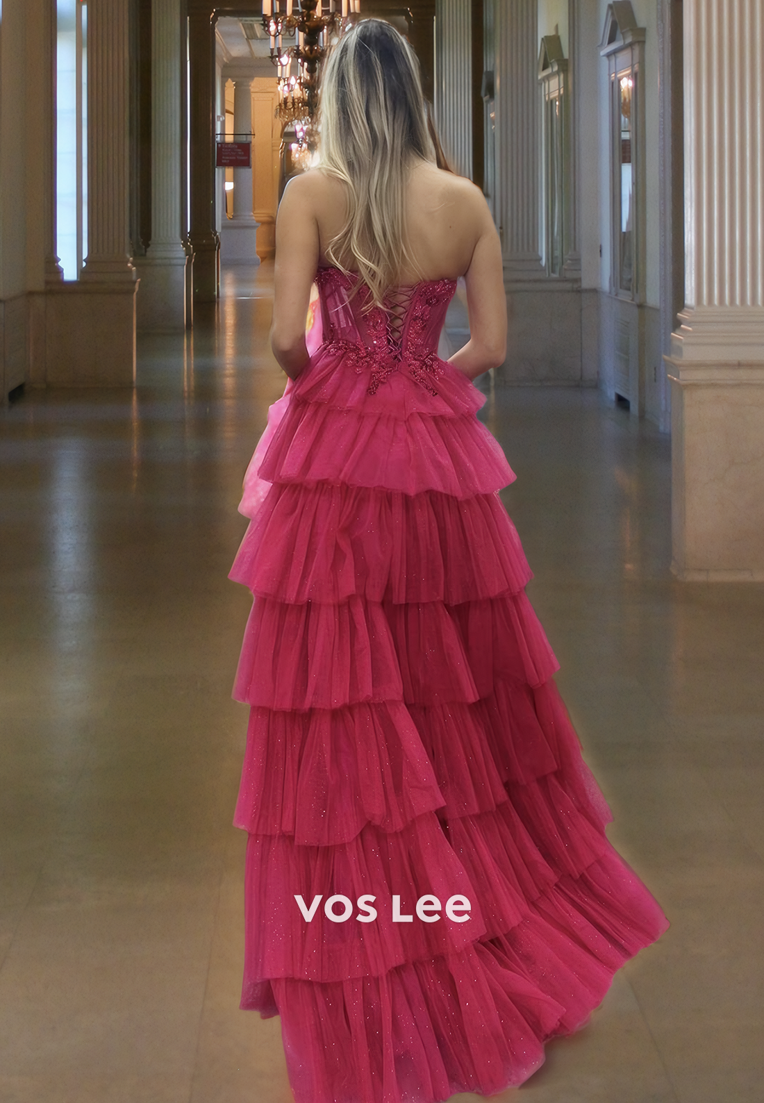 Gorgeous Tube Top A-Line Side Slit Tiered Lace Ball Gowns with Appliques Party Dress