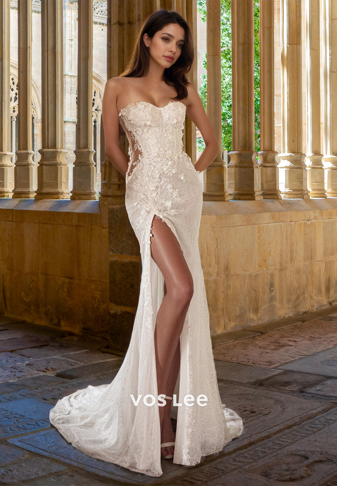 Gorgeous Sheath Sweetheart Side Split Lace Appliques Wedding Dress with Split