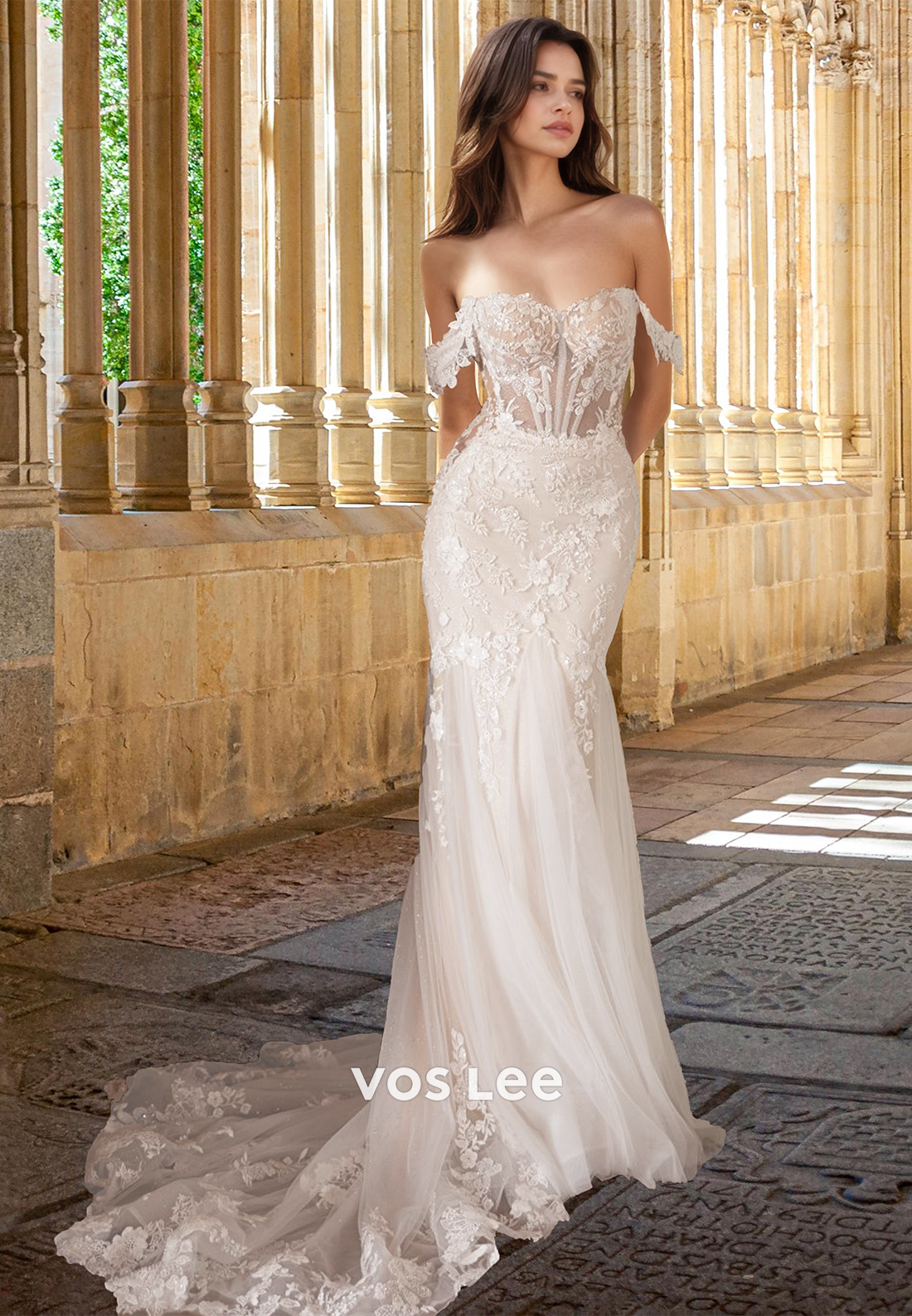 Luxury Trumpet Off Shoulder Lace Appliques Sequins Tulle Wedding Gown