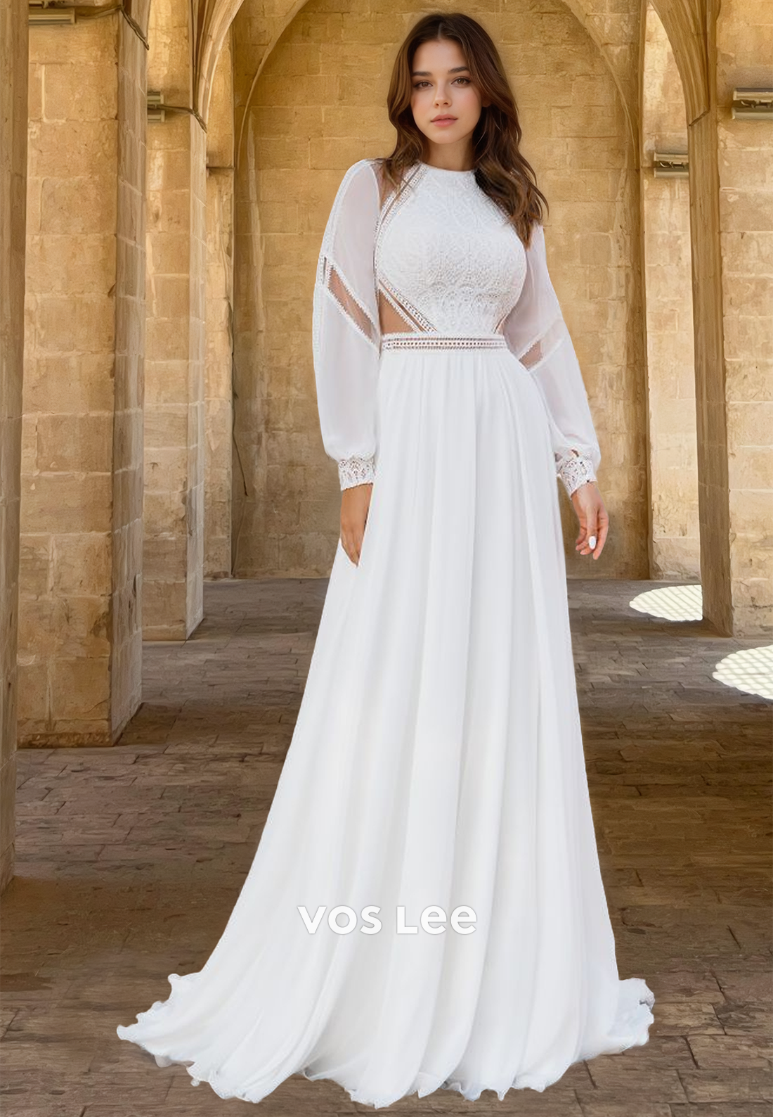 Unique A-Line Scoop Neck Long Sleeves Backless Pleated Satin Wedding Gown