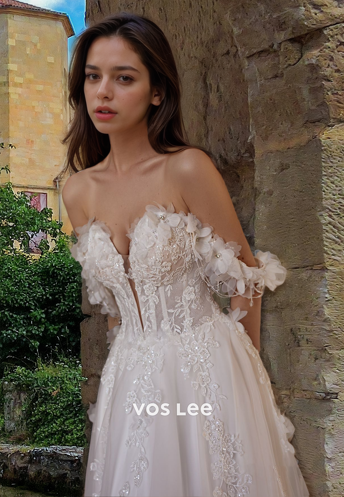Unqiue A-Line Off Shoulder Lace Appliques Beaded 3D Floral Tulle Wedding Gown