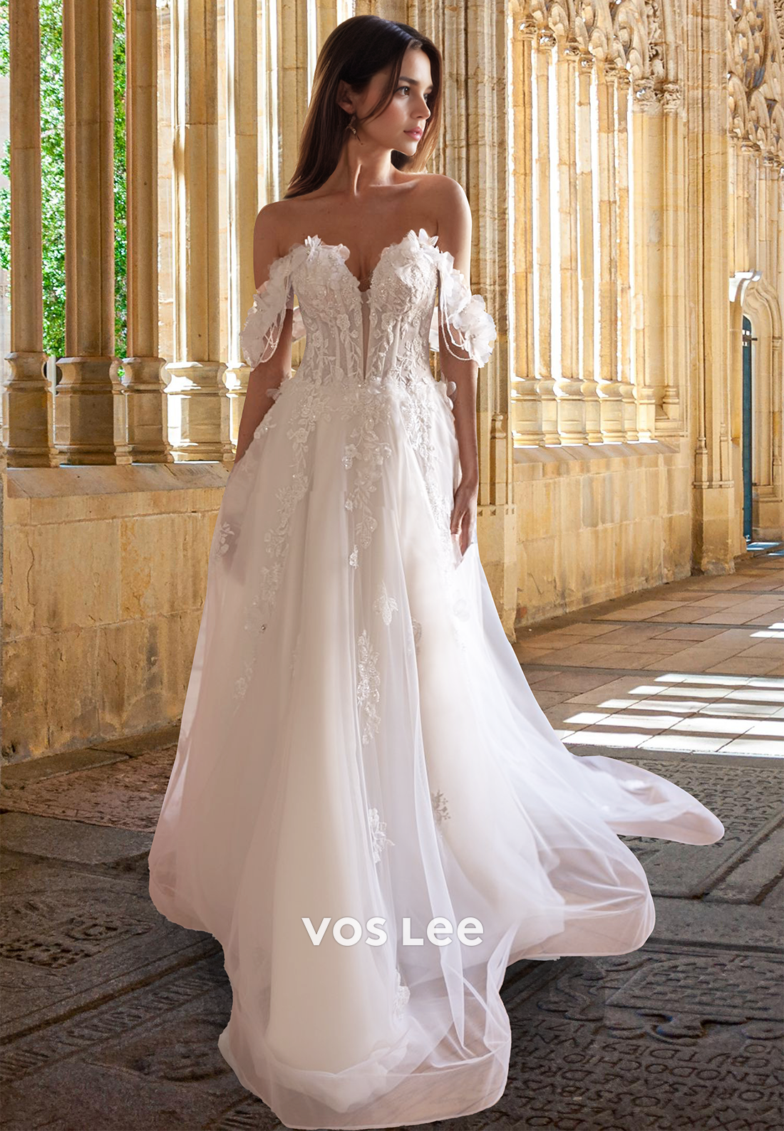 Unqiue A-Line Off Shoulder Lace Appliques Beaded 3D Floral Tulle Wedding Gown