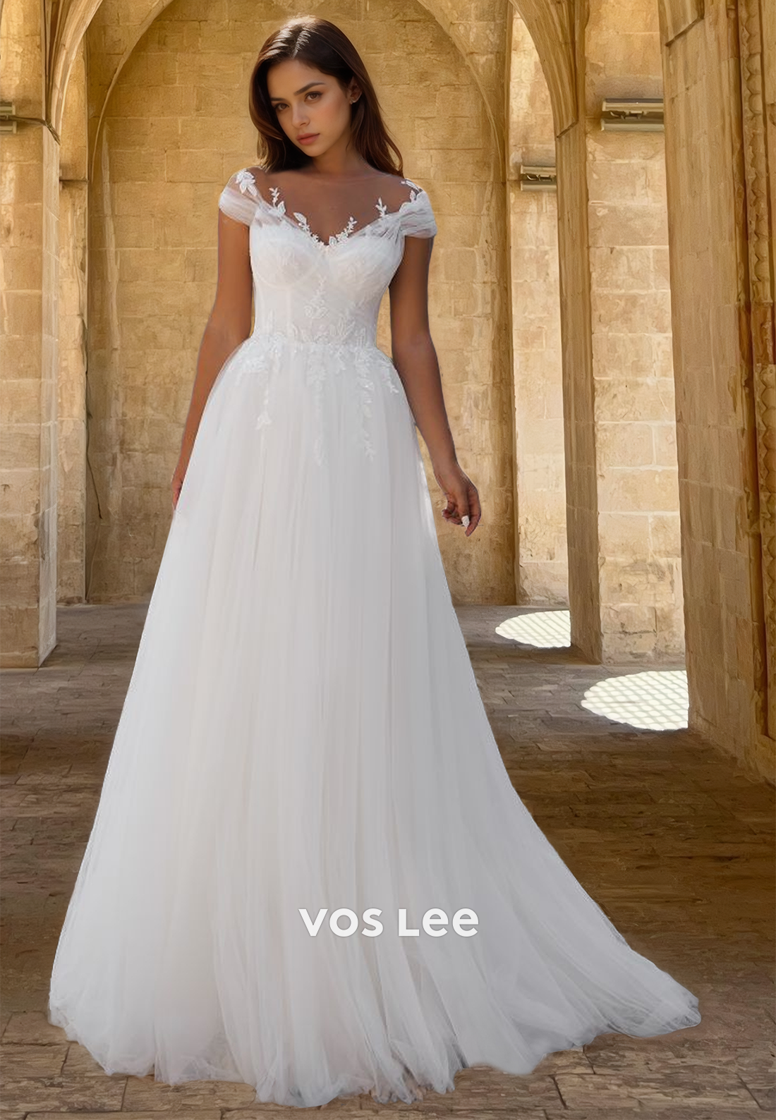 Ornate A-Line V Neck Cap Sleeves Court Train Tulle Wedding Bride Dress