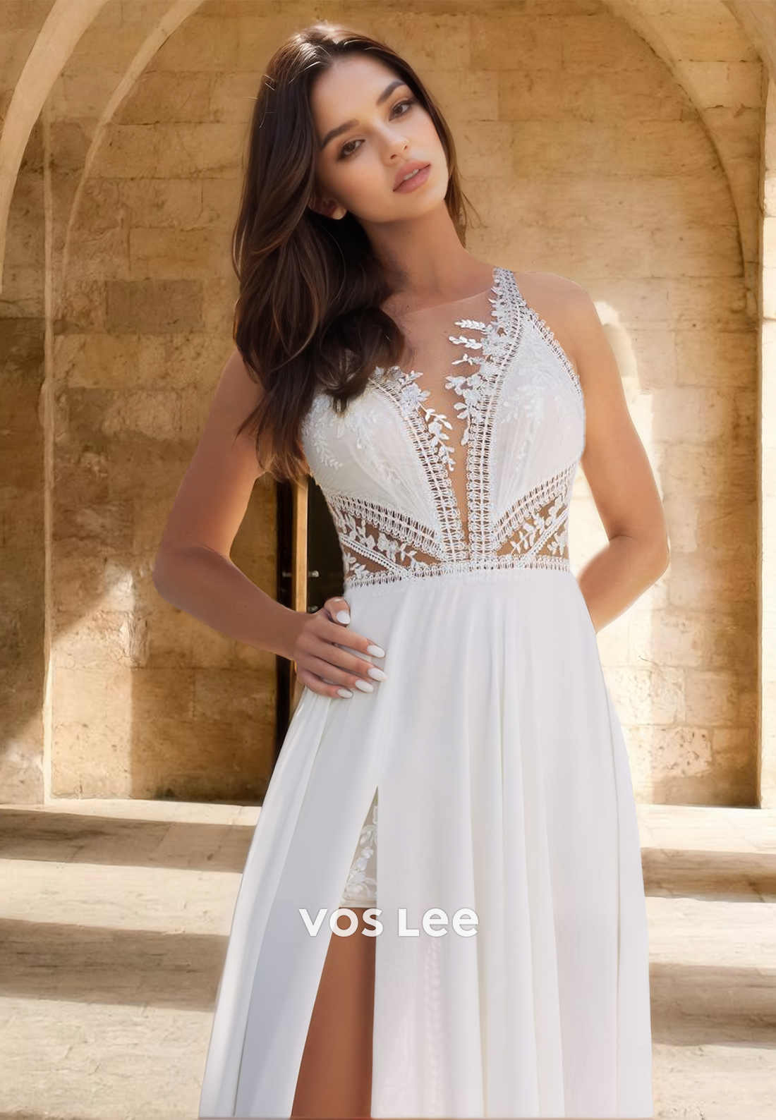 Classy A-Line V Neck Spaghetti Straps Side Split Lace Pleated Wedding Dress