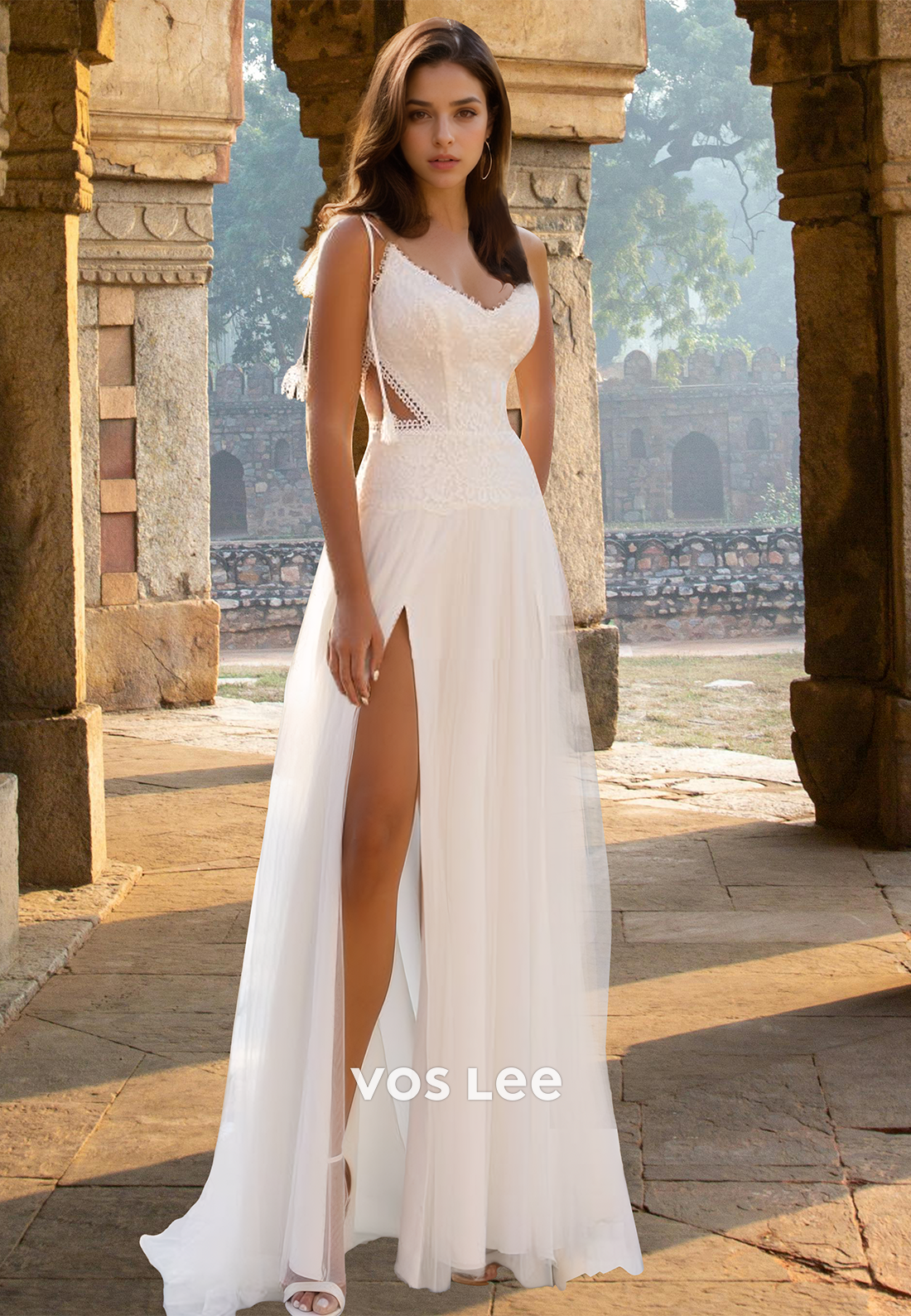 Simple A-Line V Neck Back Zipper Sweep Train Lace Wedding Dress with Split