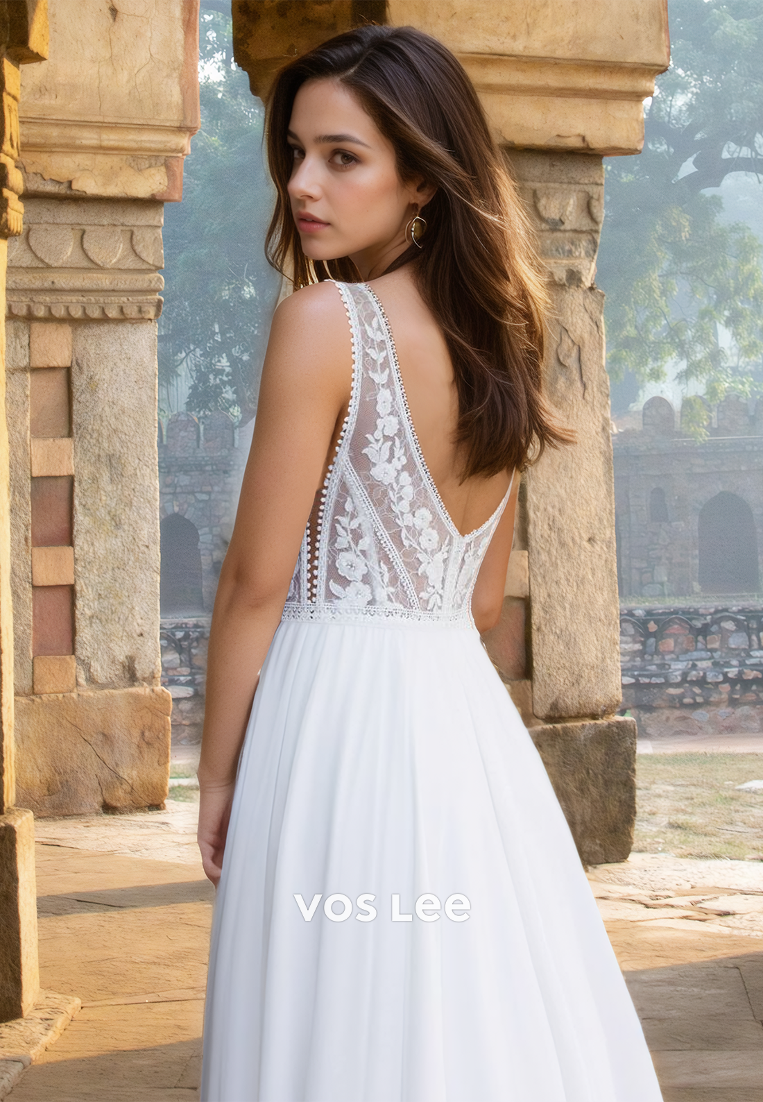 Elegant A-Line V Neck Sleeveless Lace Appliques Ruched Wedding Dress
