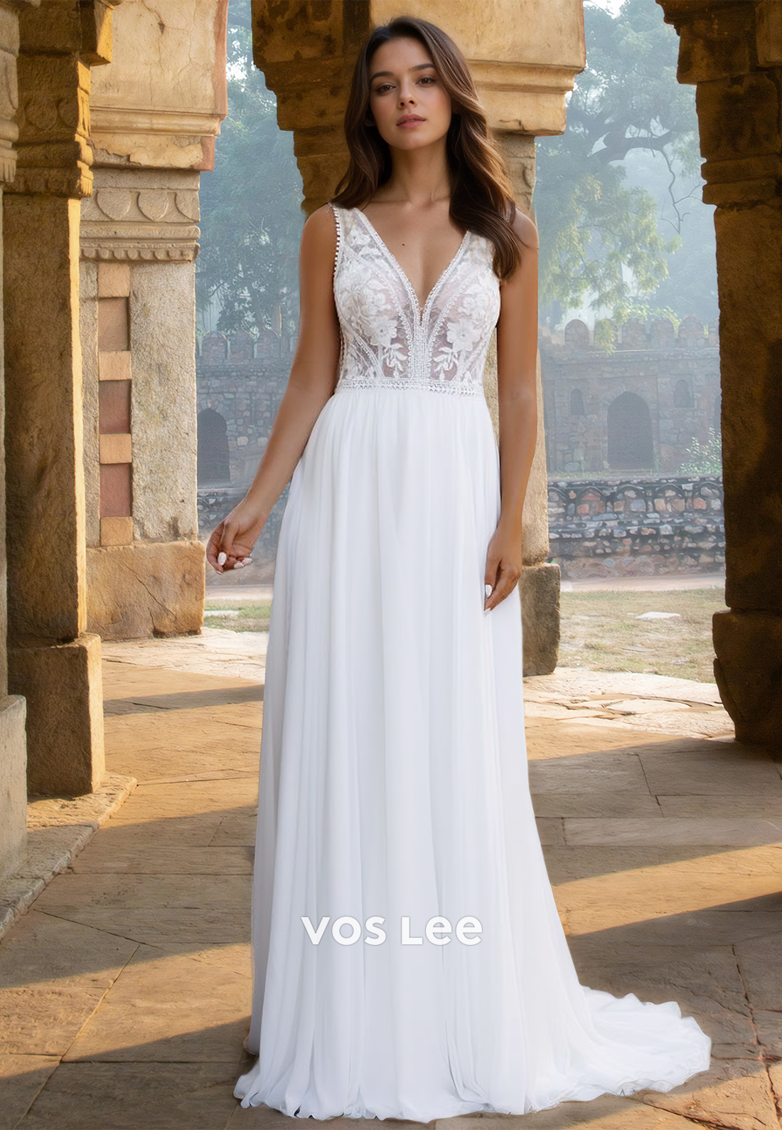 Elegant A-Line V Neck Sleeveless Lace Appliques Ruched Wedding Dress