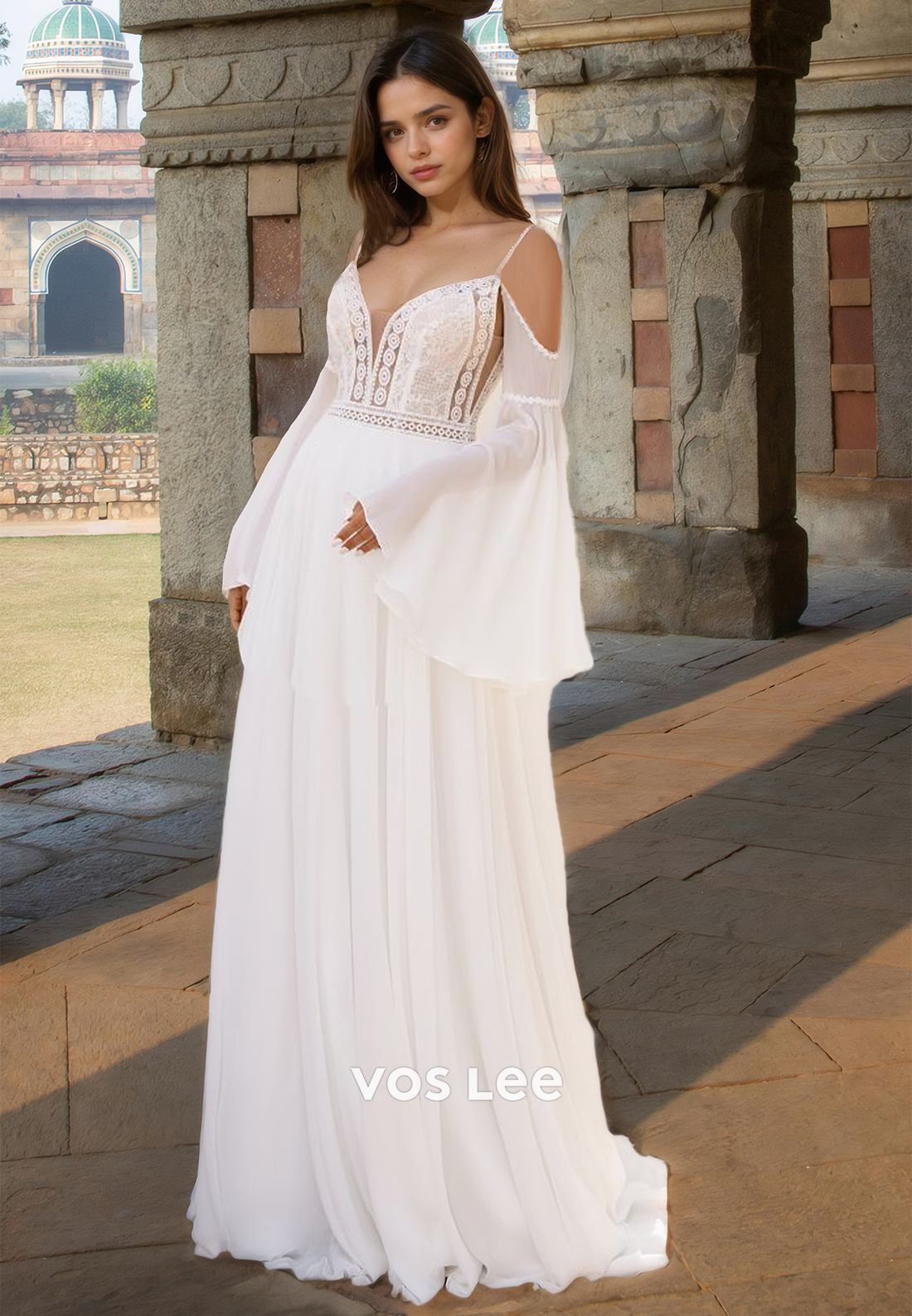 Unique A-Line Deep V Neck Backless Long Sleeves Pleated Satin Wedding Dress