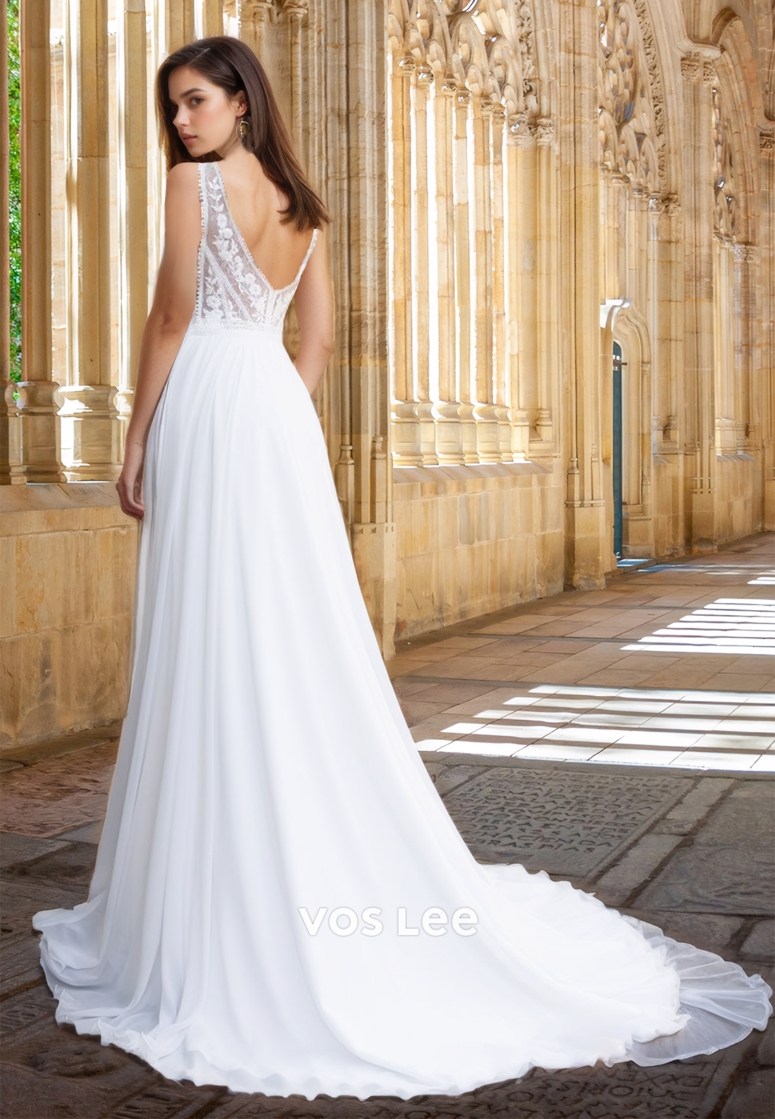 Elegant A-Line V Neck Sleeveless Lace Appliques Ruched Wedding Dress