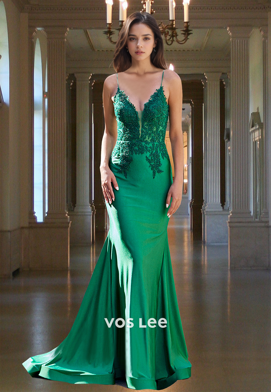 Sexy Mermaid Plunging V Neck Backless Lace Appliques Dark Green Prom Evening Dress