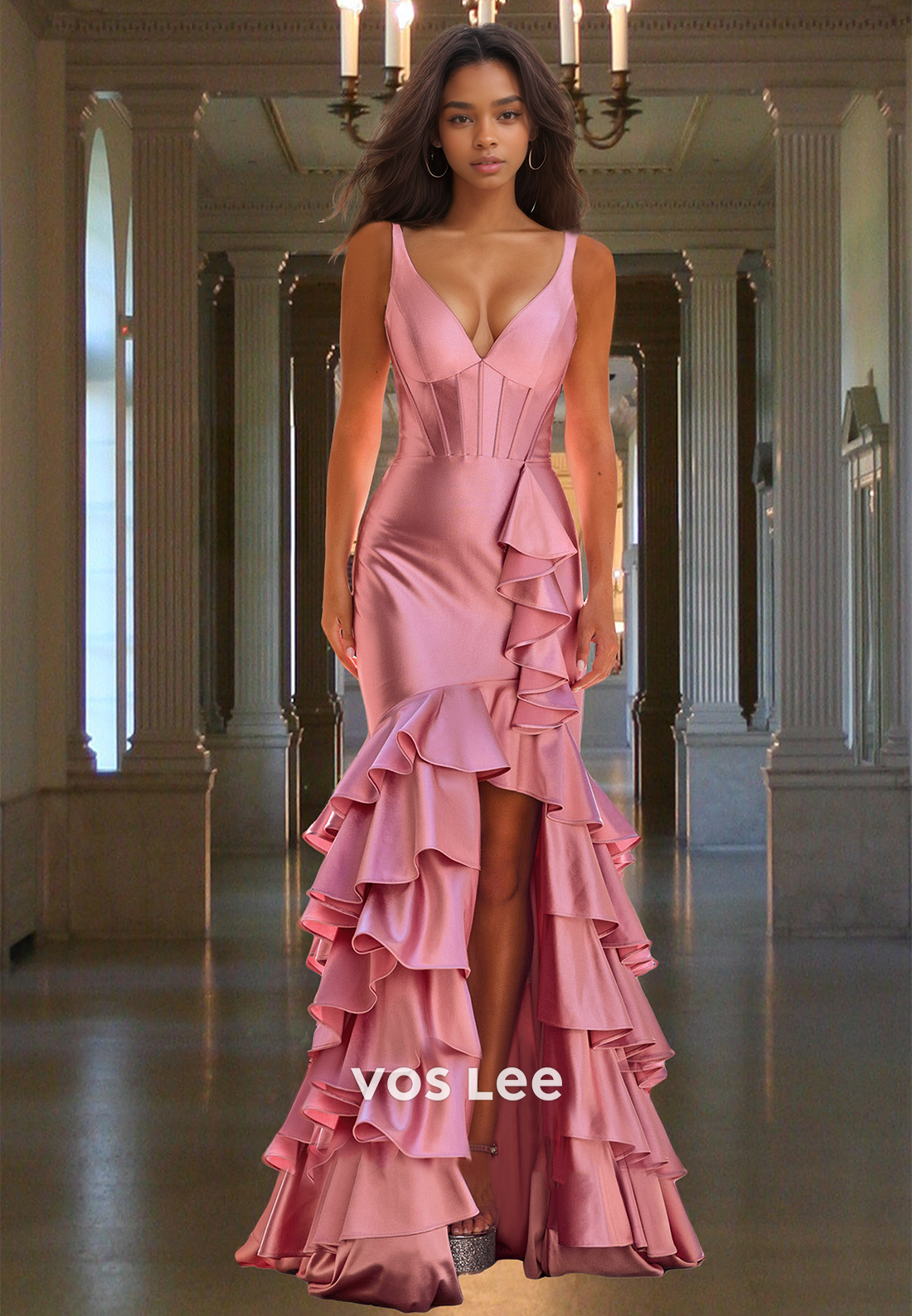 Unique Sheath V Neck Lace Up Sleeveless Trumpet Tiered Satin Prom Party Dress