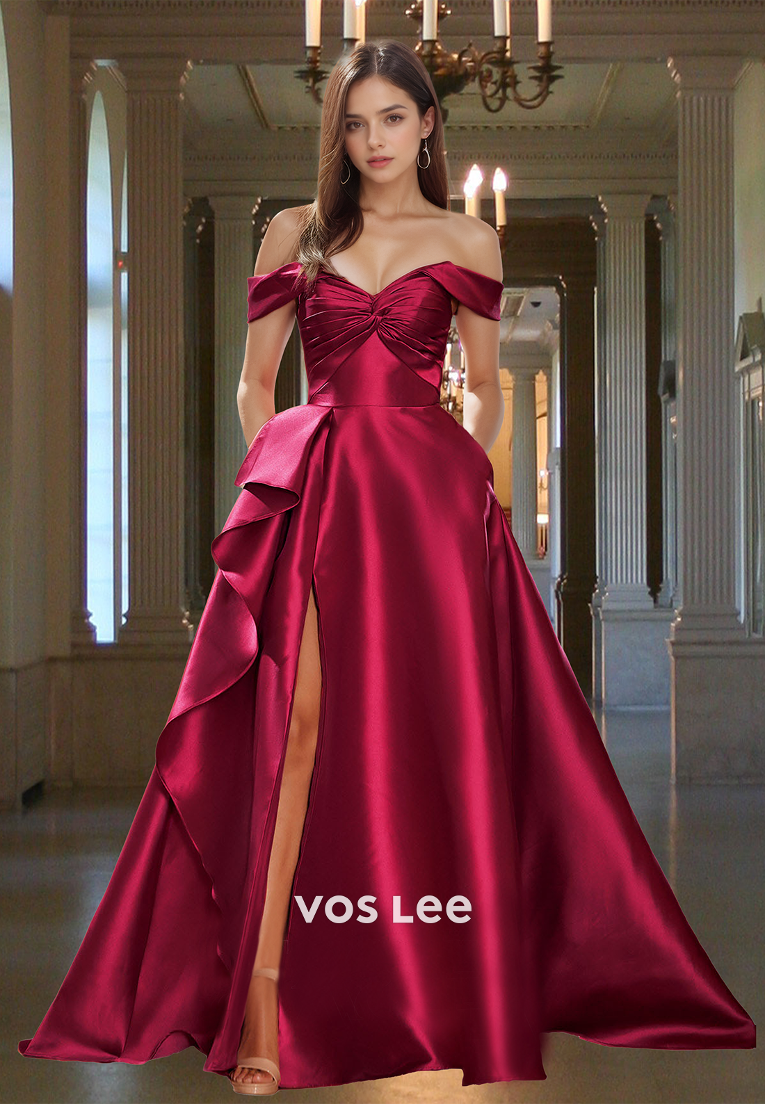 Sweetheart Sleeveless Satin A-Line Prom Dress Pleated Floor-Length Evening Gowns with High Slit