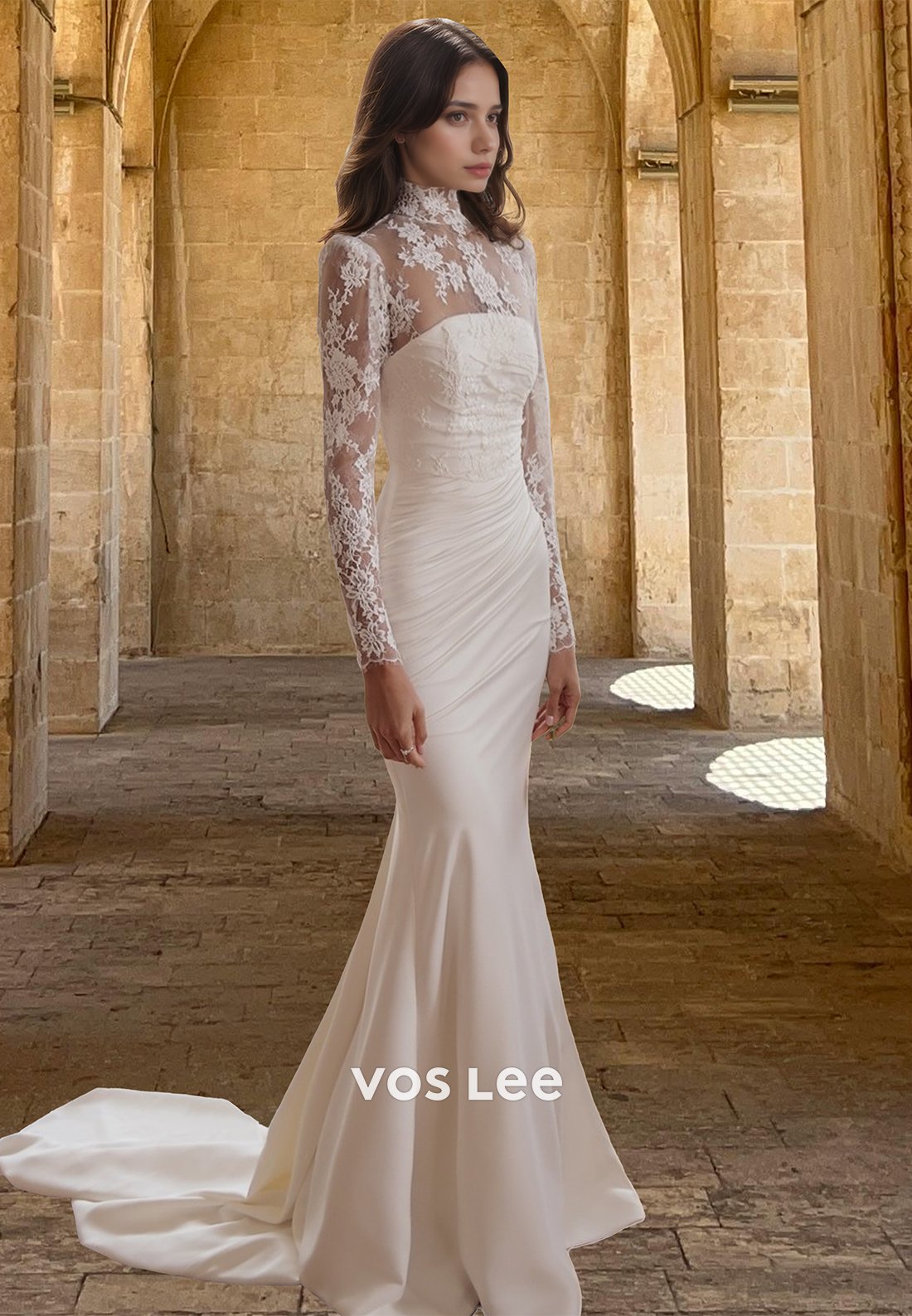 Elegant Sheath High Neck Long Sleeves Lace Appliques Satin Wedding Dress