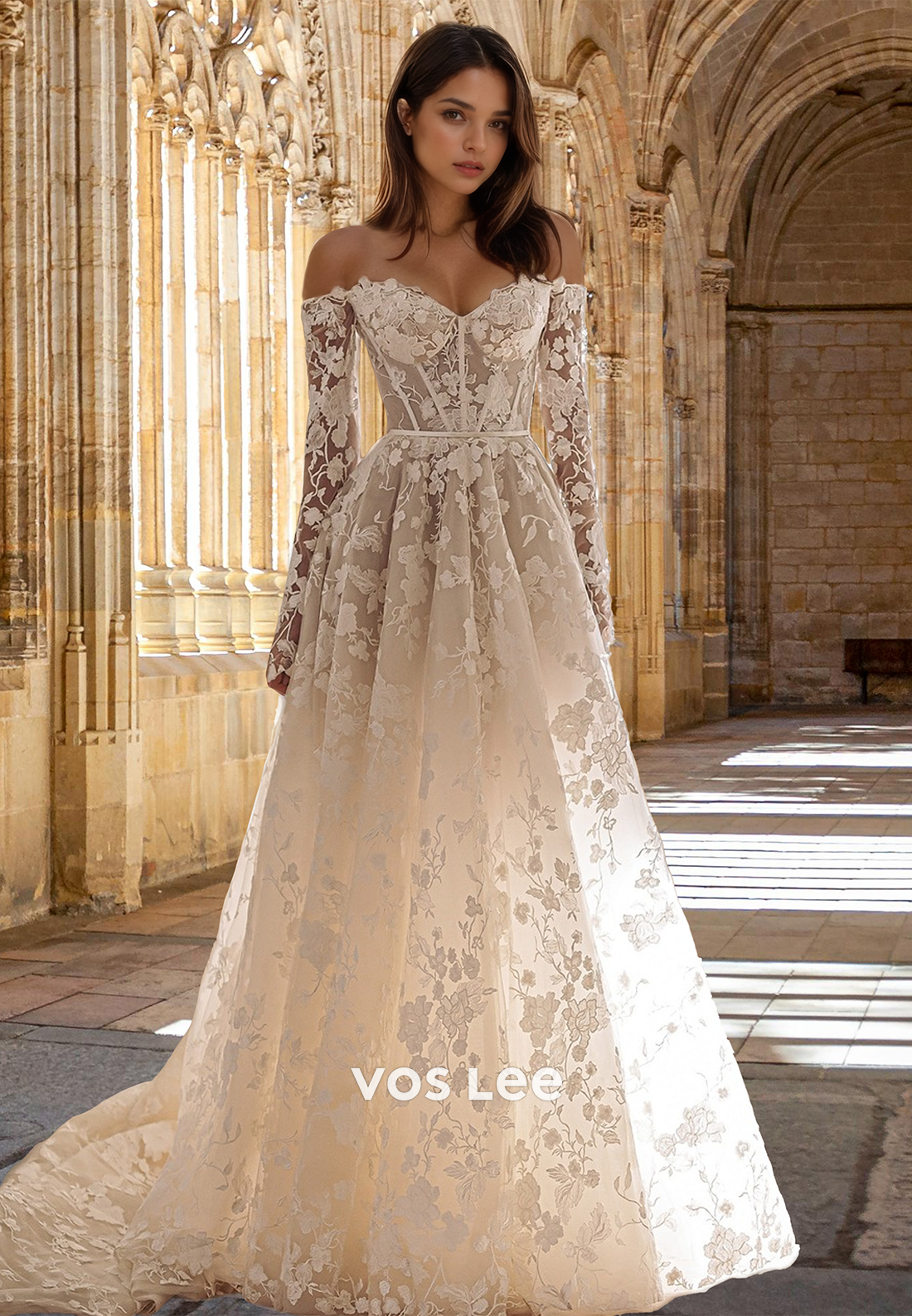 Luxury A-Line Off Shoulder Long Sleeves Lace Appliques Court Train Wedding Gown