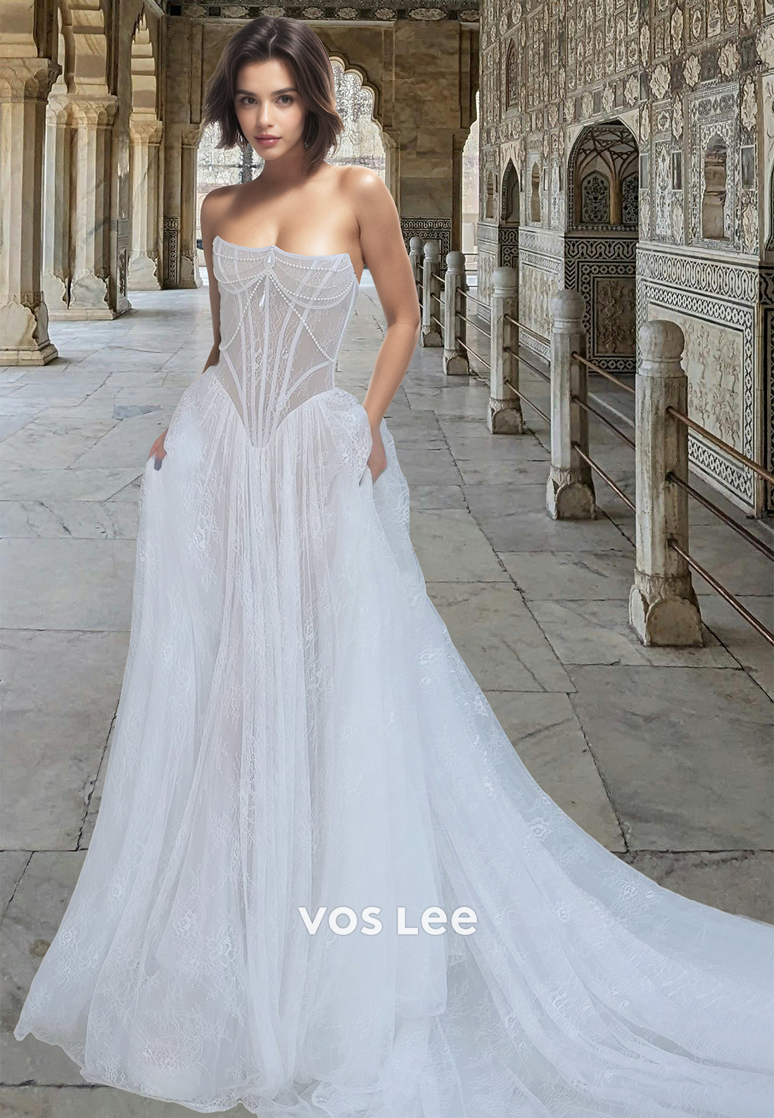 Beaded Tube Top A-Line Sweep Train Pleats Lace Beach Wedding Dress Boho Gown with Applique
