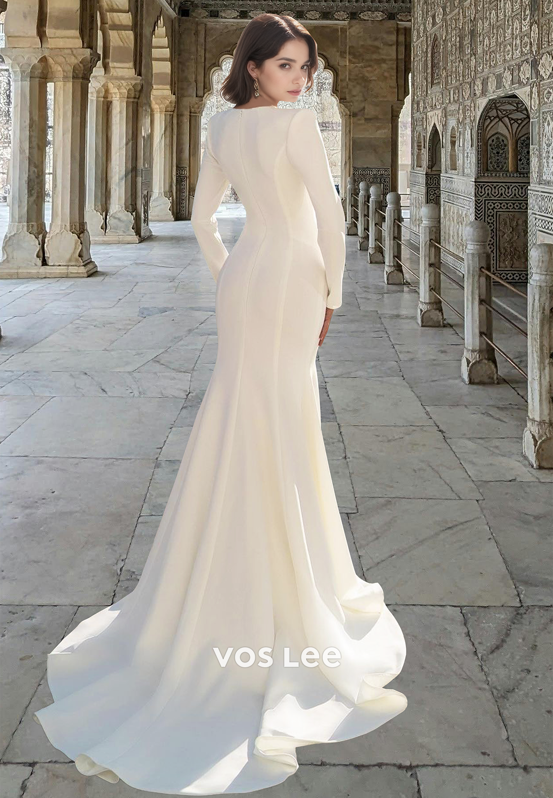 Sexy Trumpet Deep V Neck Long Sleeves Sequins Sheath Satin Wedding Dress