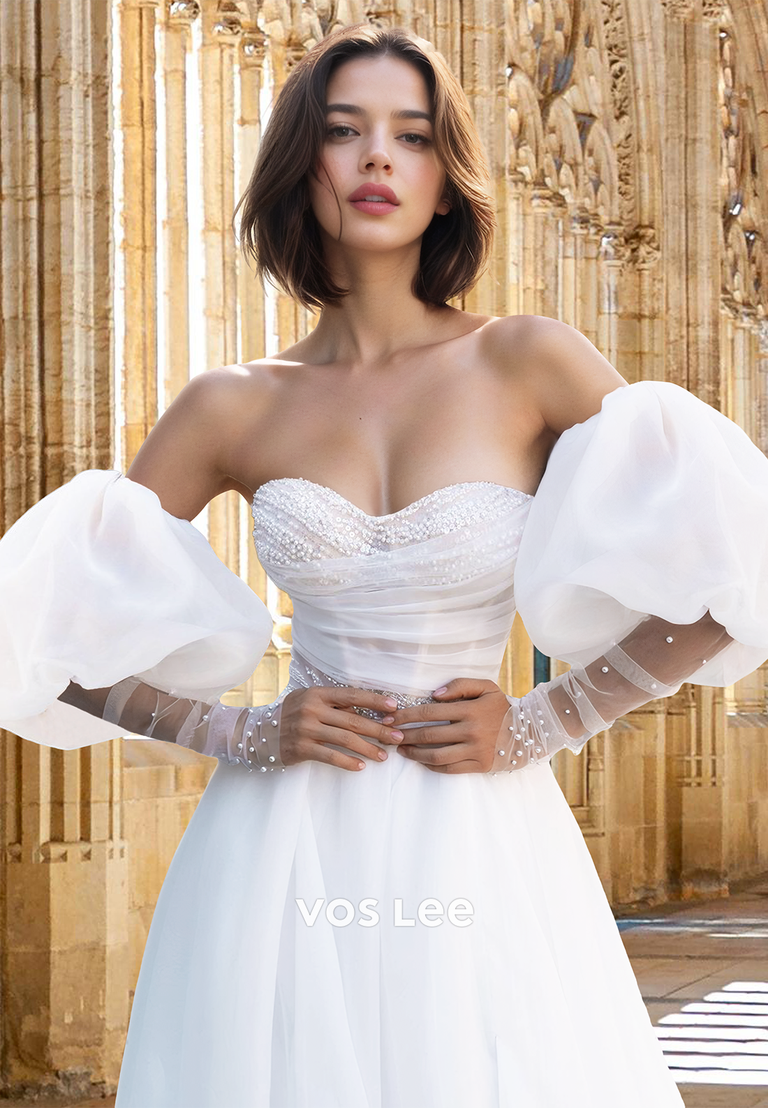Gorgeous A-Line Puff Sleeves Beaded High Split Ruched Wedding Bride Dress