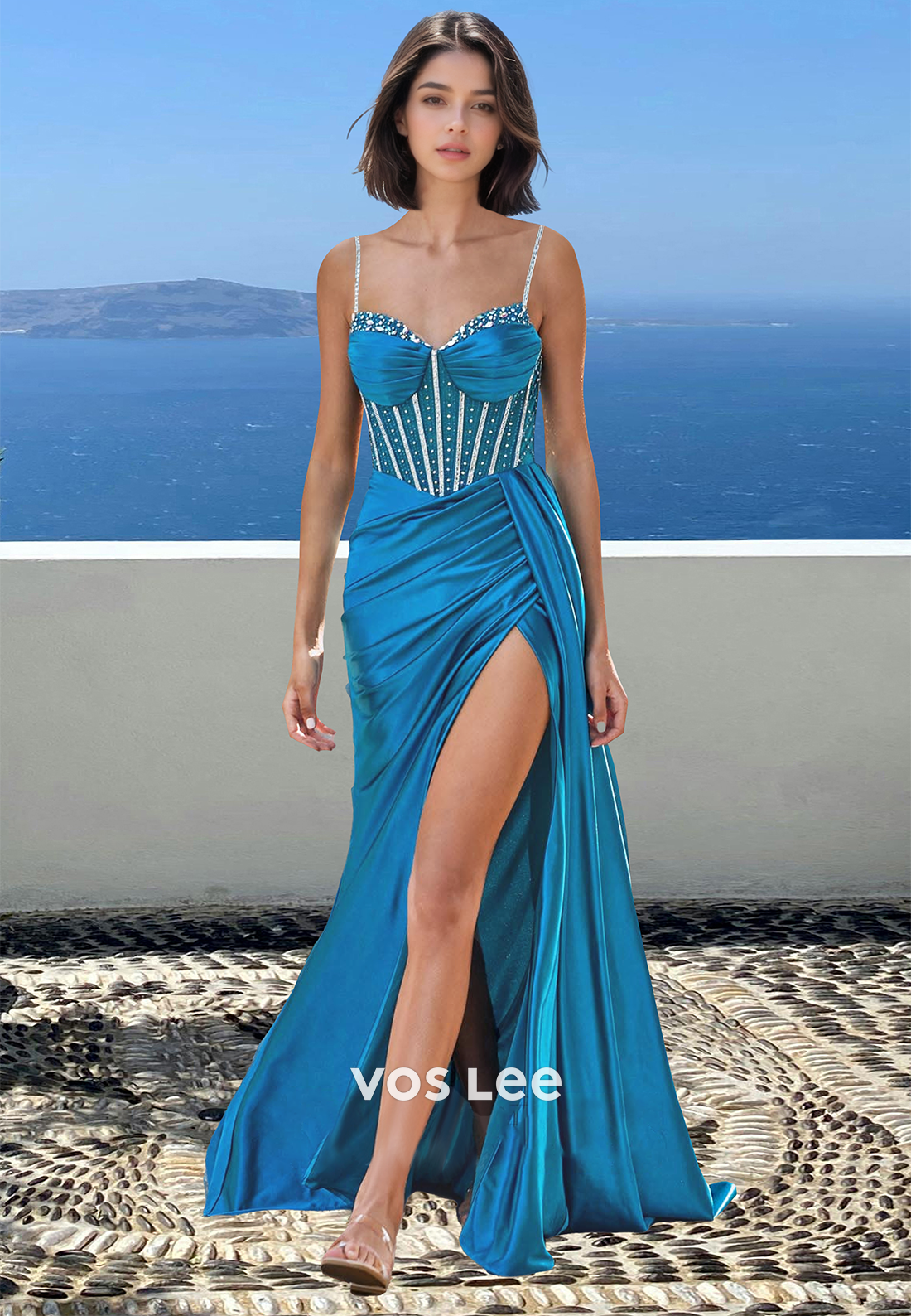 Beaded Sweetheart Spaghetti Straps Sheath Pleated Satin Prom Party Dress with Slit