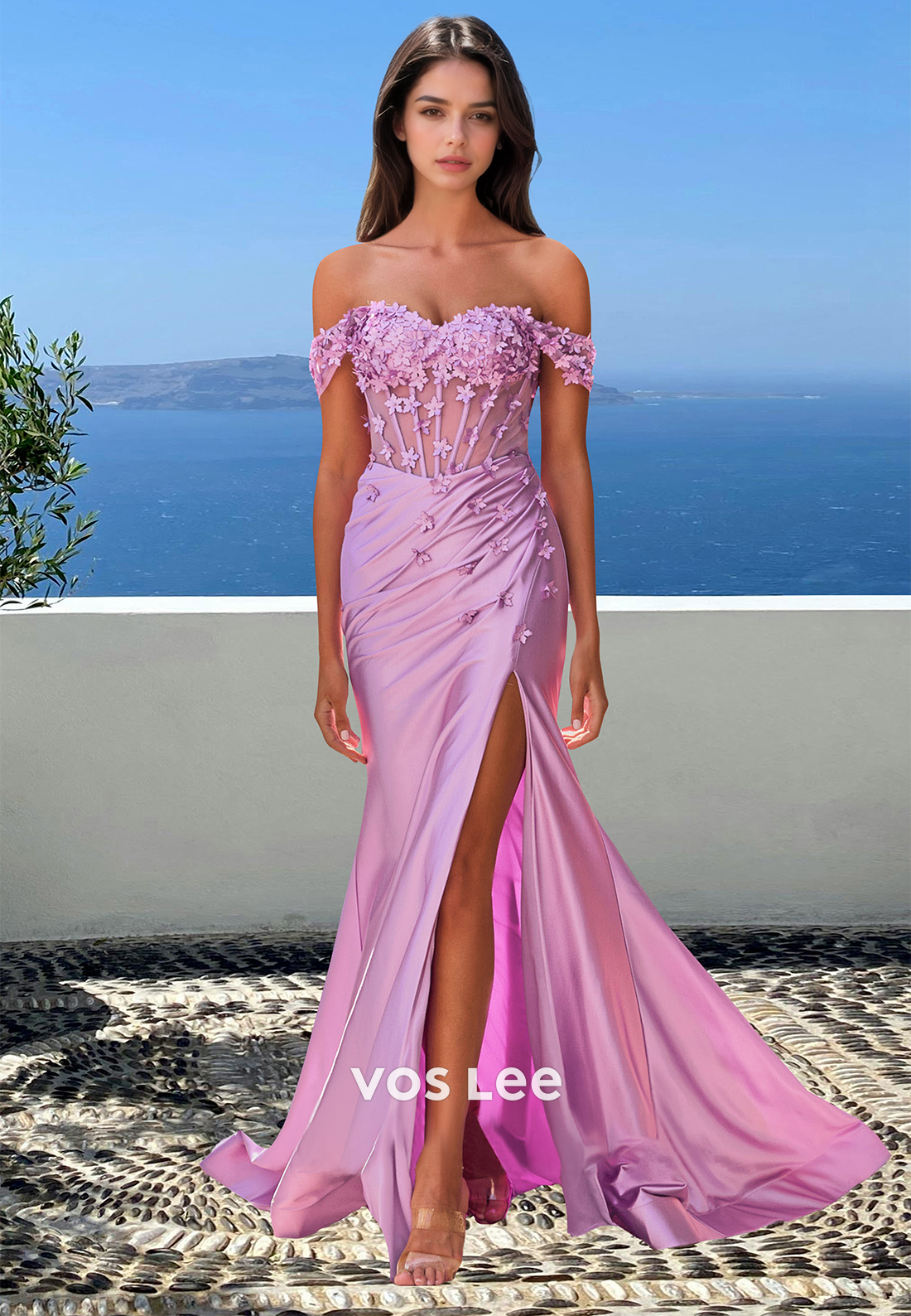 Elegant Empire Waist Sweetheart Side Slit Pleats Fitted Satin Formal Prom Dress with Floral