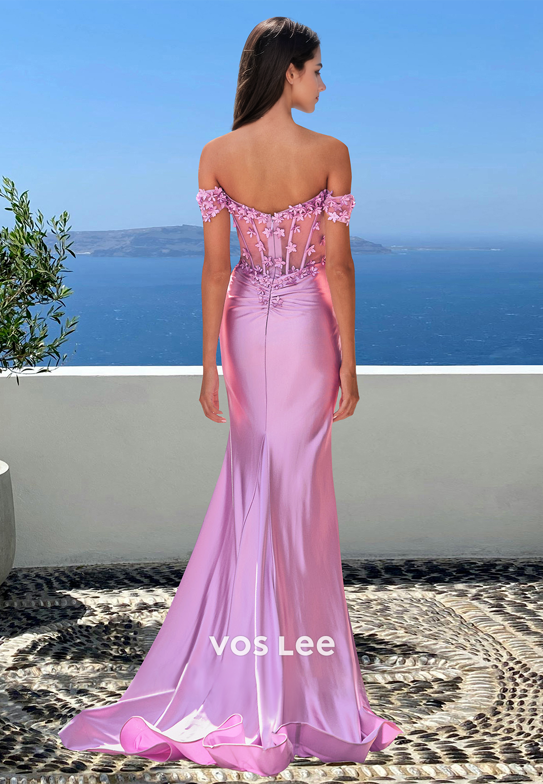 Elegant Empire Waist Sweetheart Side Slit Pleats Fitted Satin Formal Prom Dress with Floral