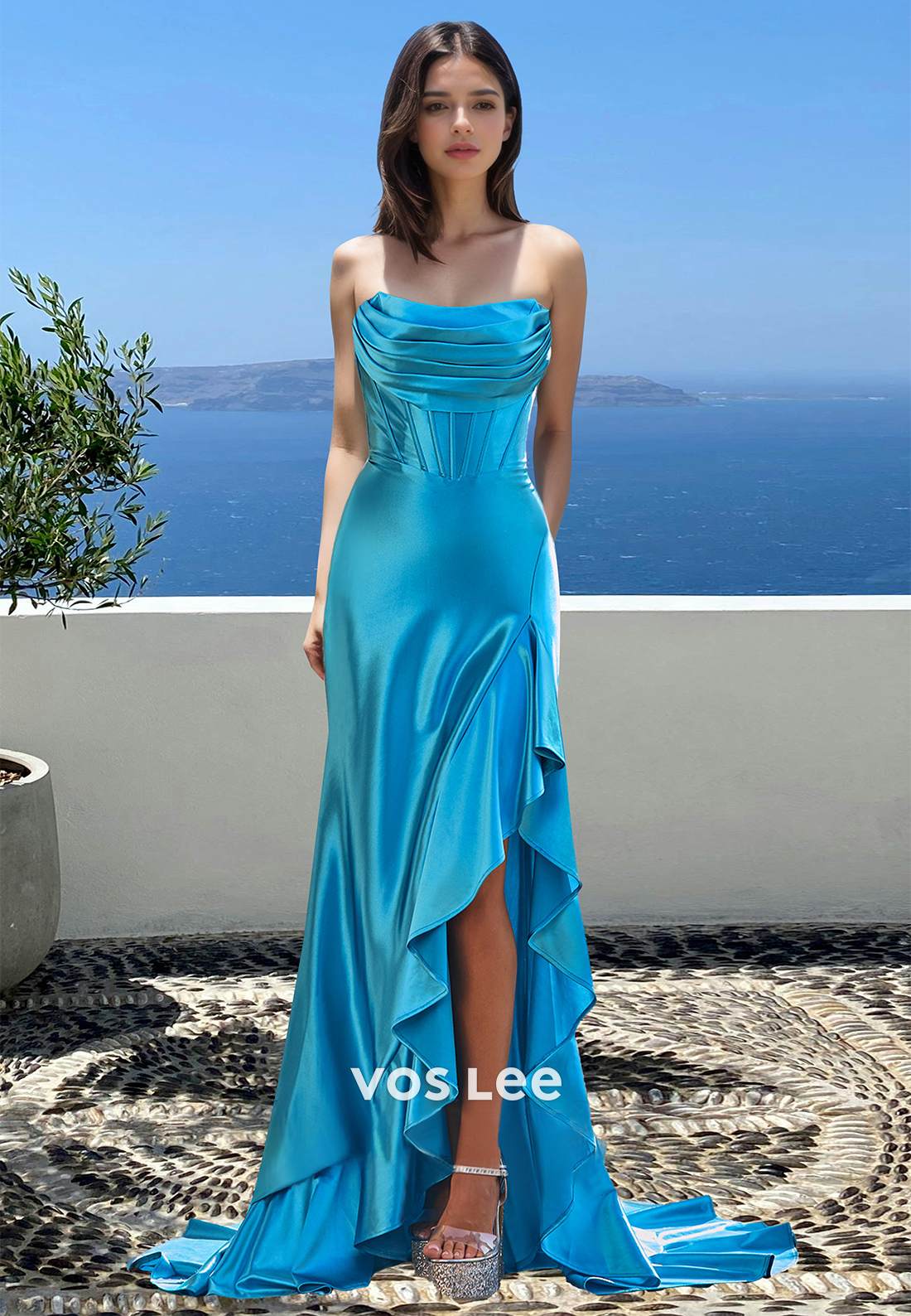 Gorgeous Fitted Satin Tube Top Sleeveless Stripe Ruched Prom Formal Dress with Train
