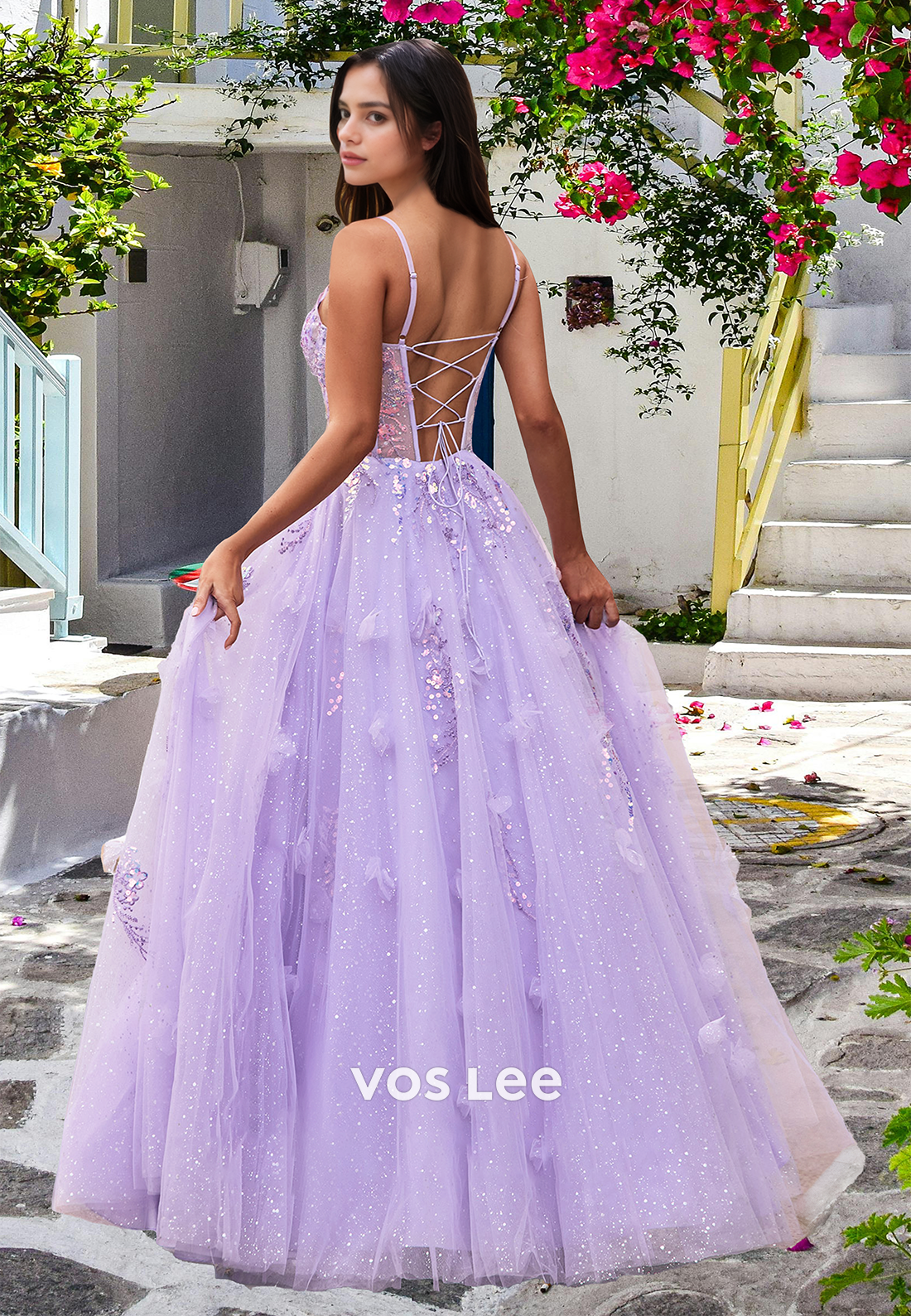 Stunning A-Line V-Neck Straps Sleeveless Sequin Lace Party Prom Dress with Appliques