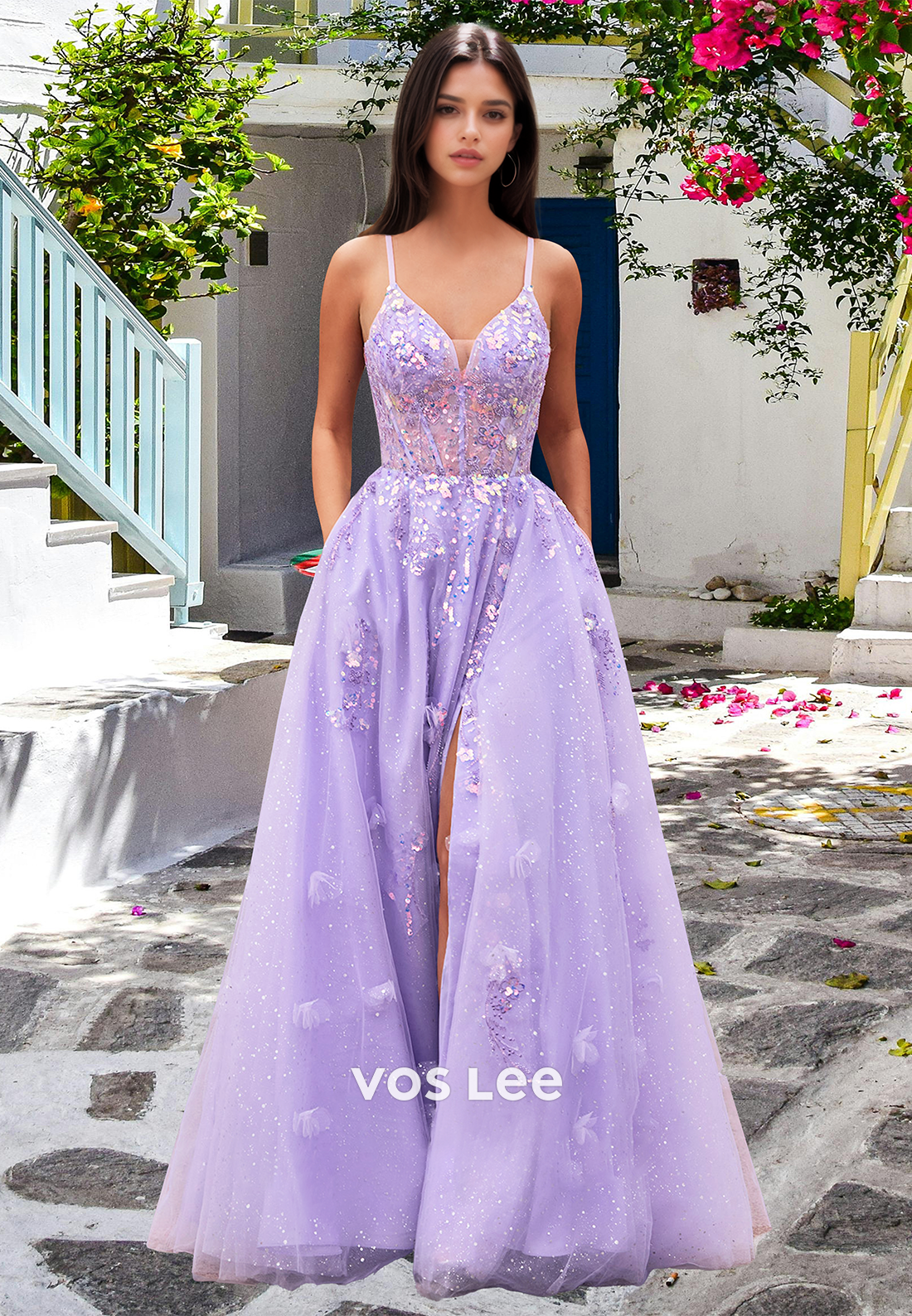 Stunning A-Line V-Neck Straps Sleeveless Sequin Lace Party Prom Dress with Appliques