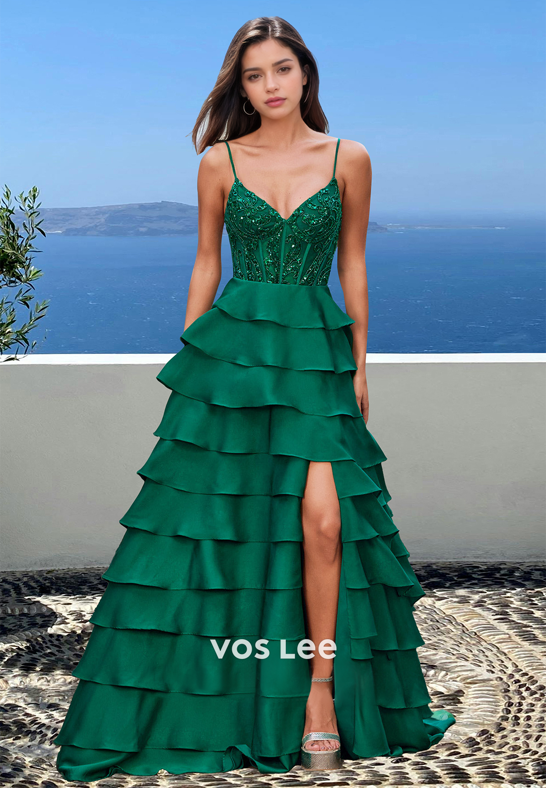 Elegant A-Line V-Neck Spaghetti Straps Beaded Tiered Satin Prom Party Dress with Appliques