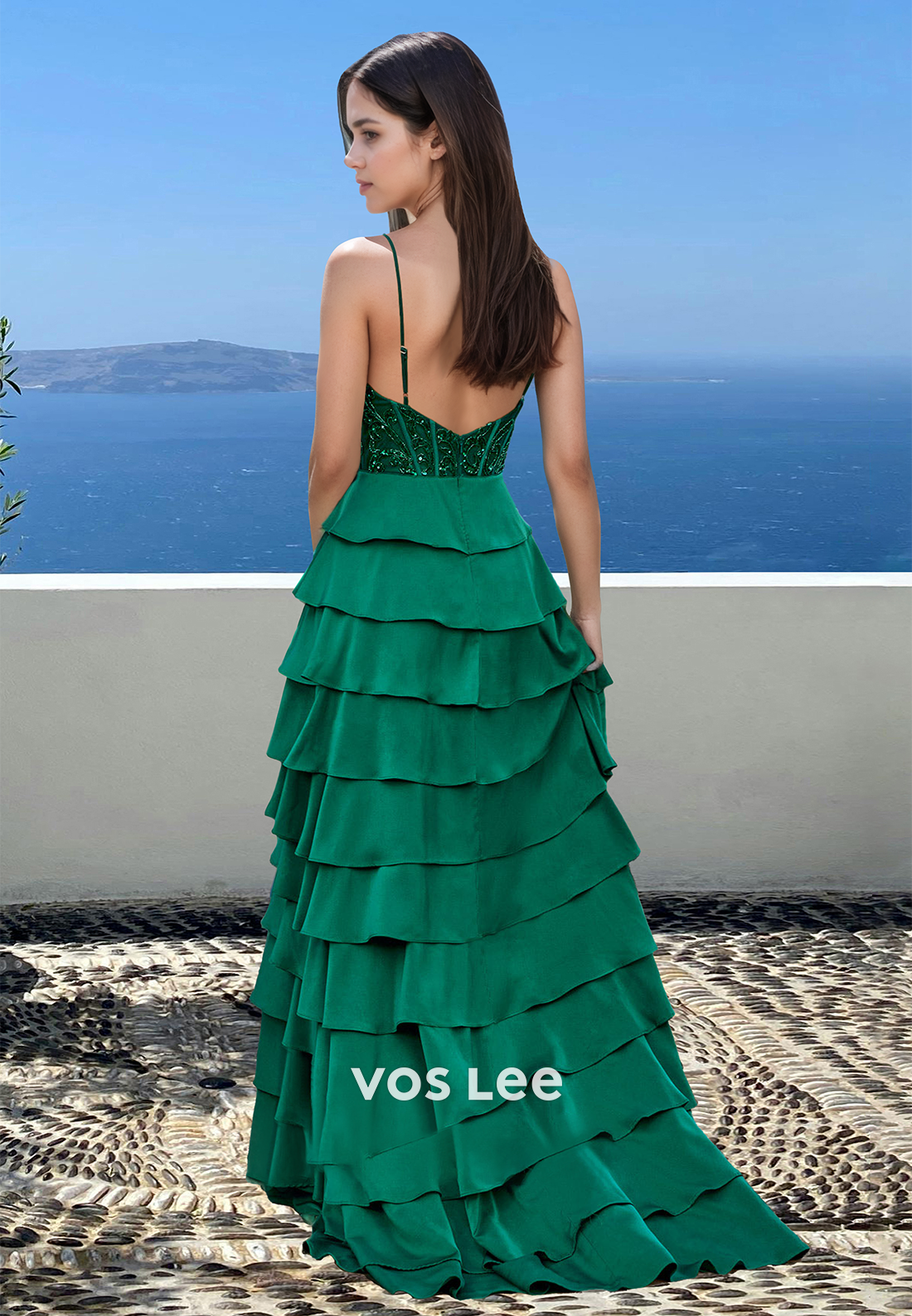 Elegant A-Line V-Neck Spaghetti Straps Beaded Tiered Satin Prom Party Dress with Appliques