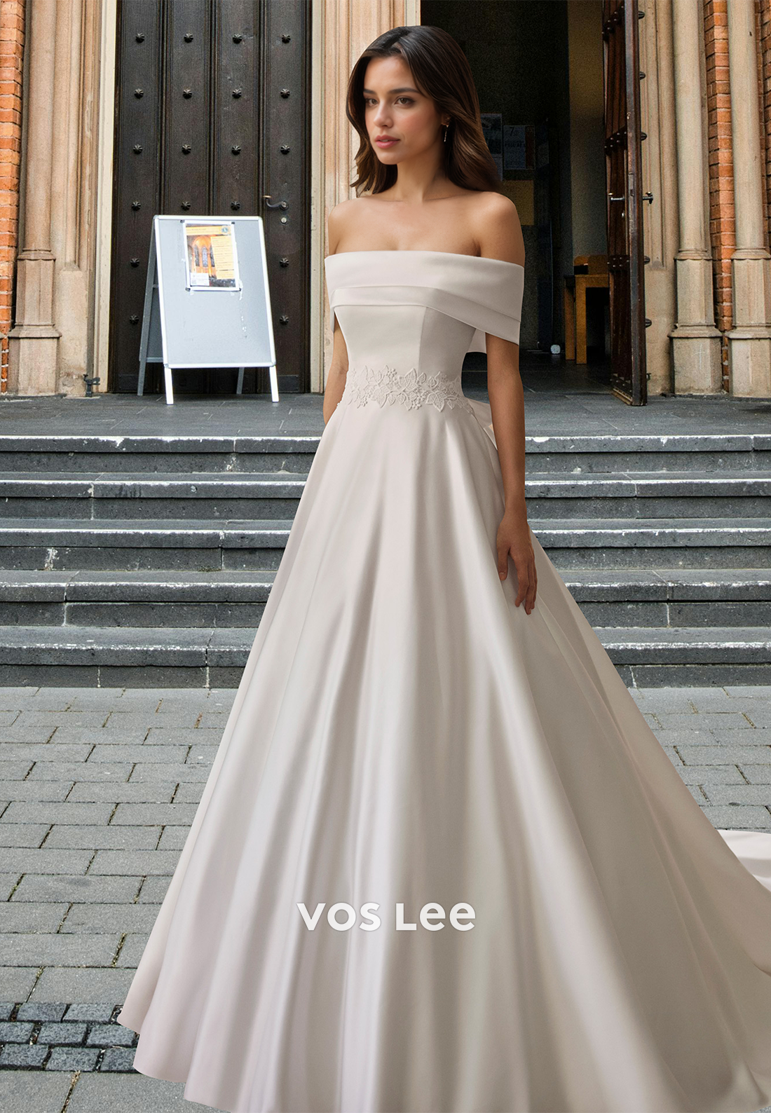 Modest A-Line Off Shoulder Back Zipper Lace Court Train Satin Wedding Gown