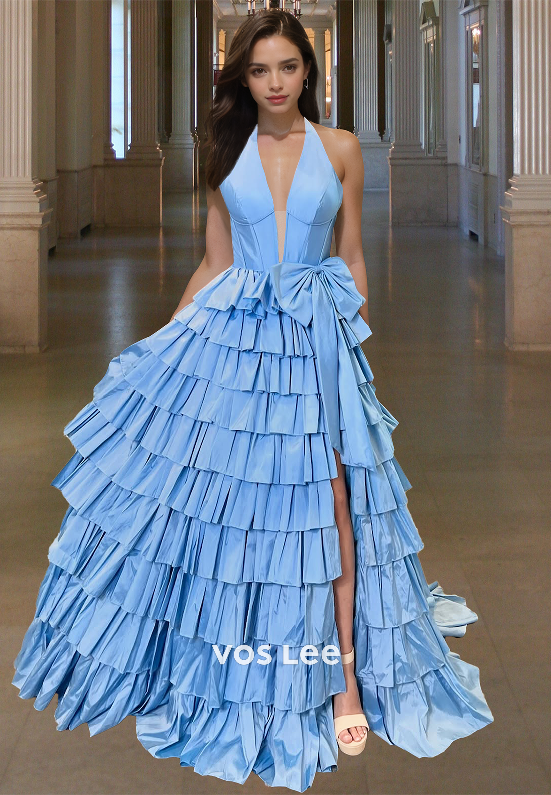 Ornate A-Line Halter Tiered Satin Bow Side Split Sleeveless Prom Formal Dress