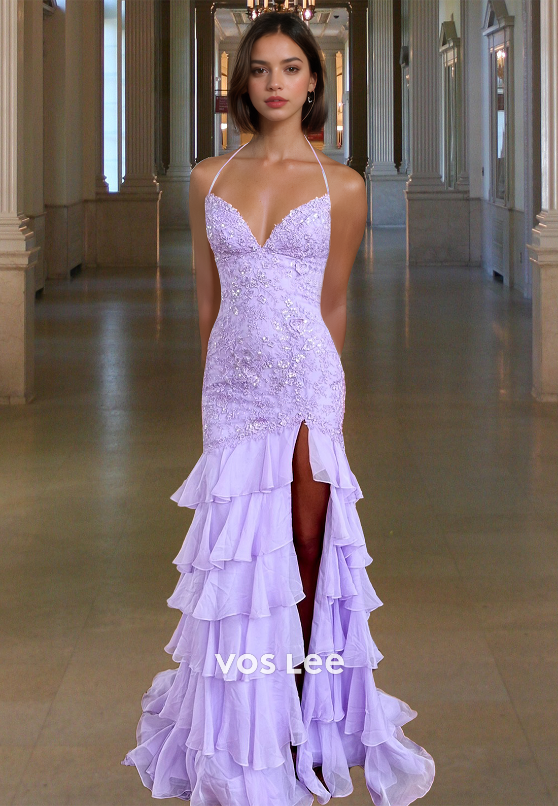 Gorgeous Column V Neck Lace Up Appliques Tiered Long Prom Pageant Dress