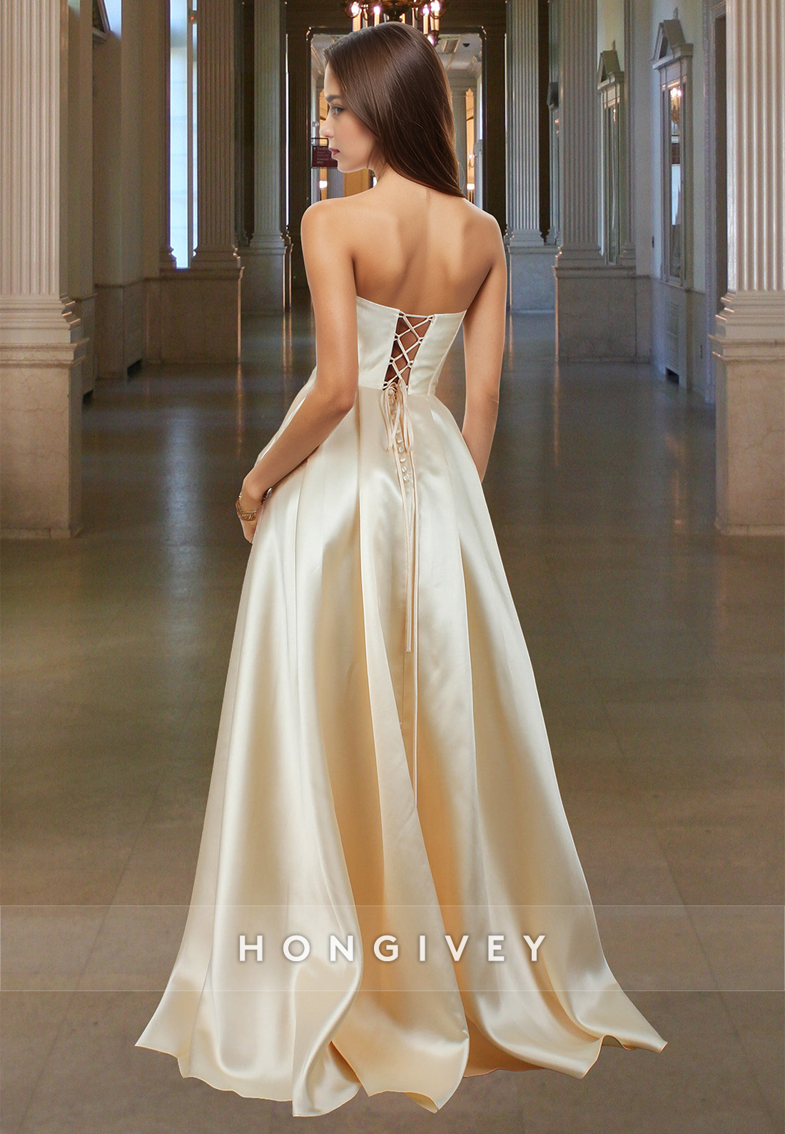 Glamorous A-Line Tube Top Beaded Pleated Satin Prom Dress with Pockets Party Gown