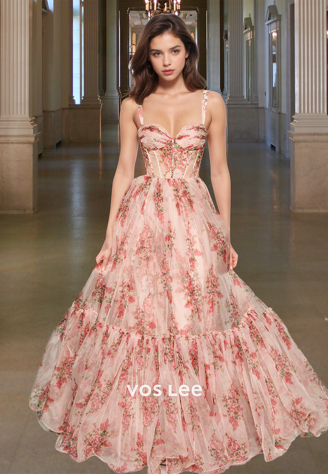 Floral Print A-Line Princess Tulle Prom Ball Gown Quinceanera Casual Party Dress