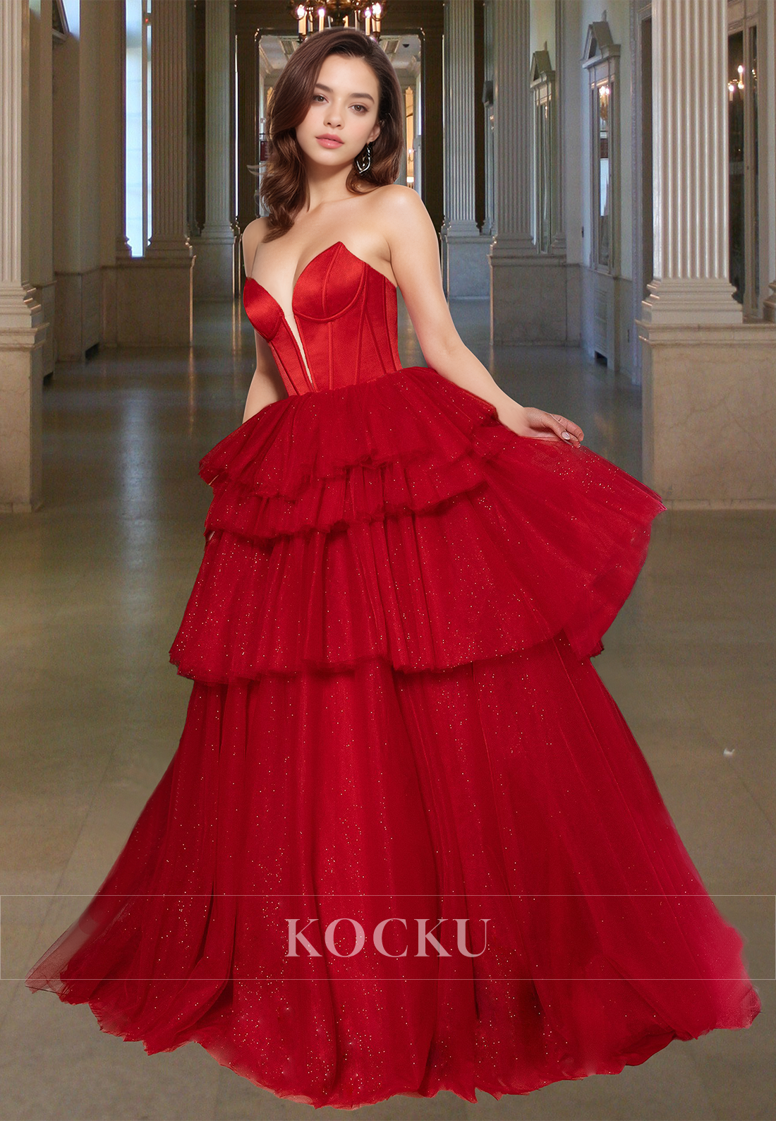 Striking Sweetheart A-Line Tiered Glitter Knit Long Evening Party Dress with Train